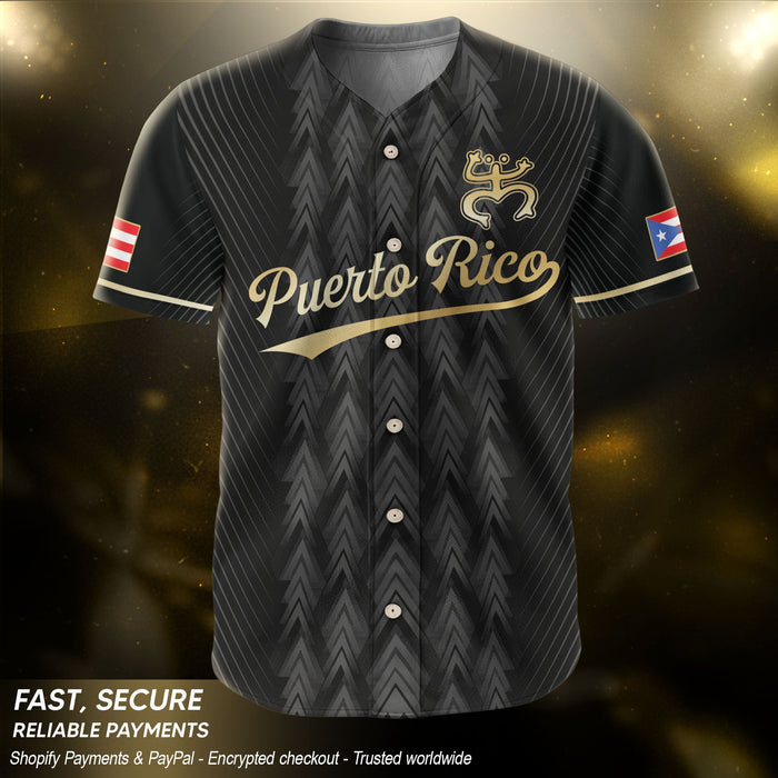 Puerto Rico Baseball Jersey in Boricua Black for Men and Women, Gold Taino Tribal National Heritage, Puerto Rico Shirts for Island Style, Northryn Co.