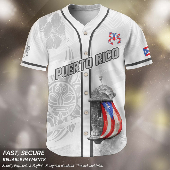 Boricua White Gray Puerto Rico Baseball Jersey for Men and Women, Fortress Hibiscus Tribal Graphic, Puerto Rico Shirts for Island Style, Northryn Co.
