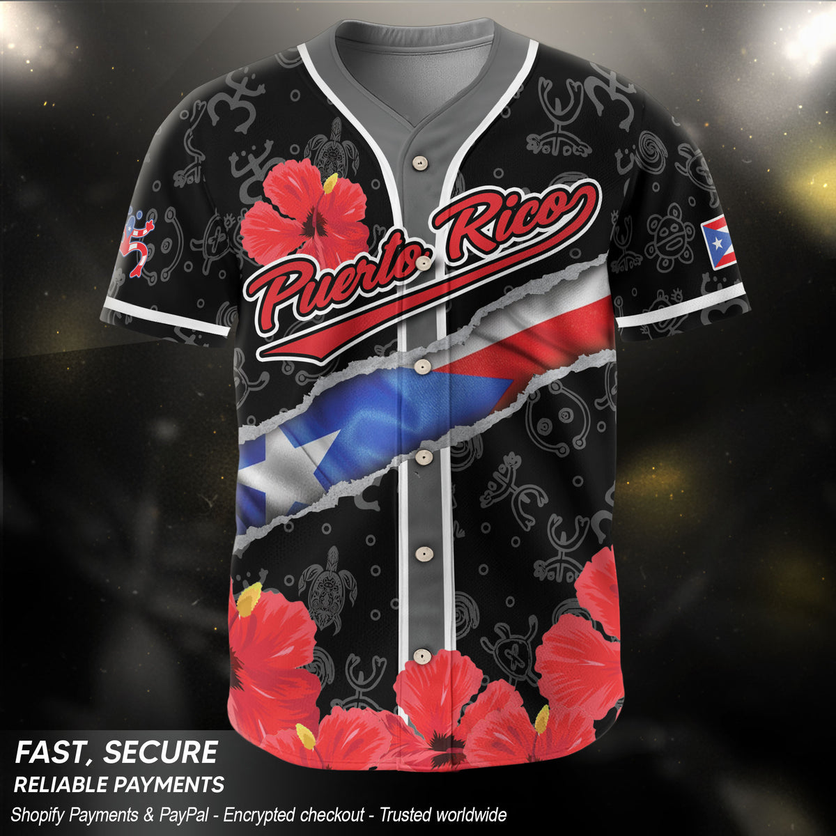 Puerto Rico Boricua Red Hibiscus Floral Flag Taino Heritage Baseball Jersey