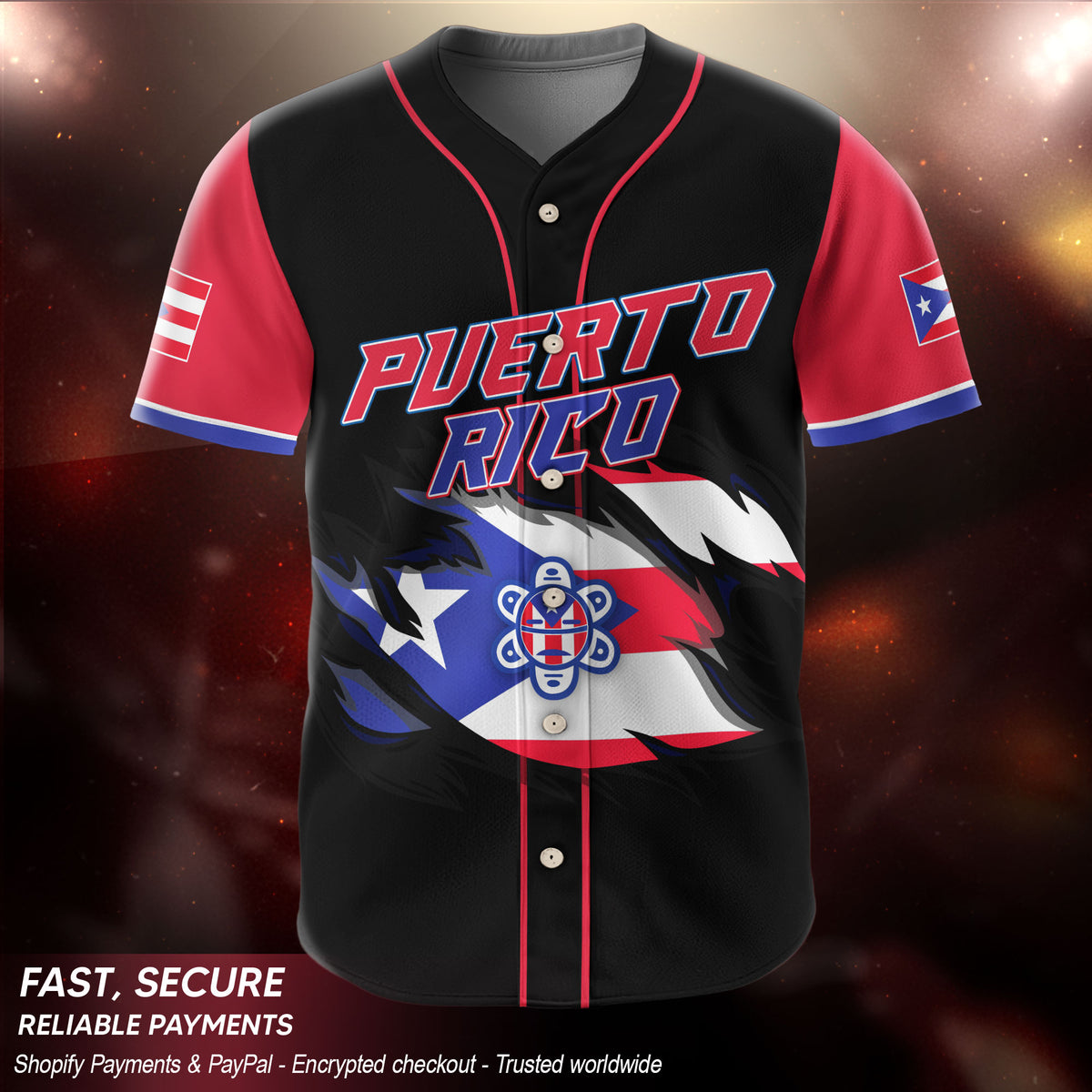 Puerto Rico Boricua Black Red Torn Flag Coqui Frog Heritage Baseball Jersey