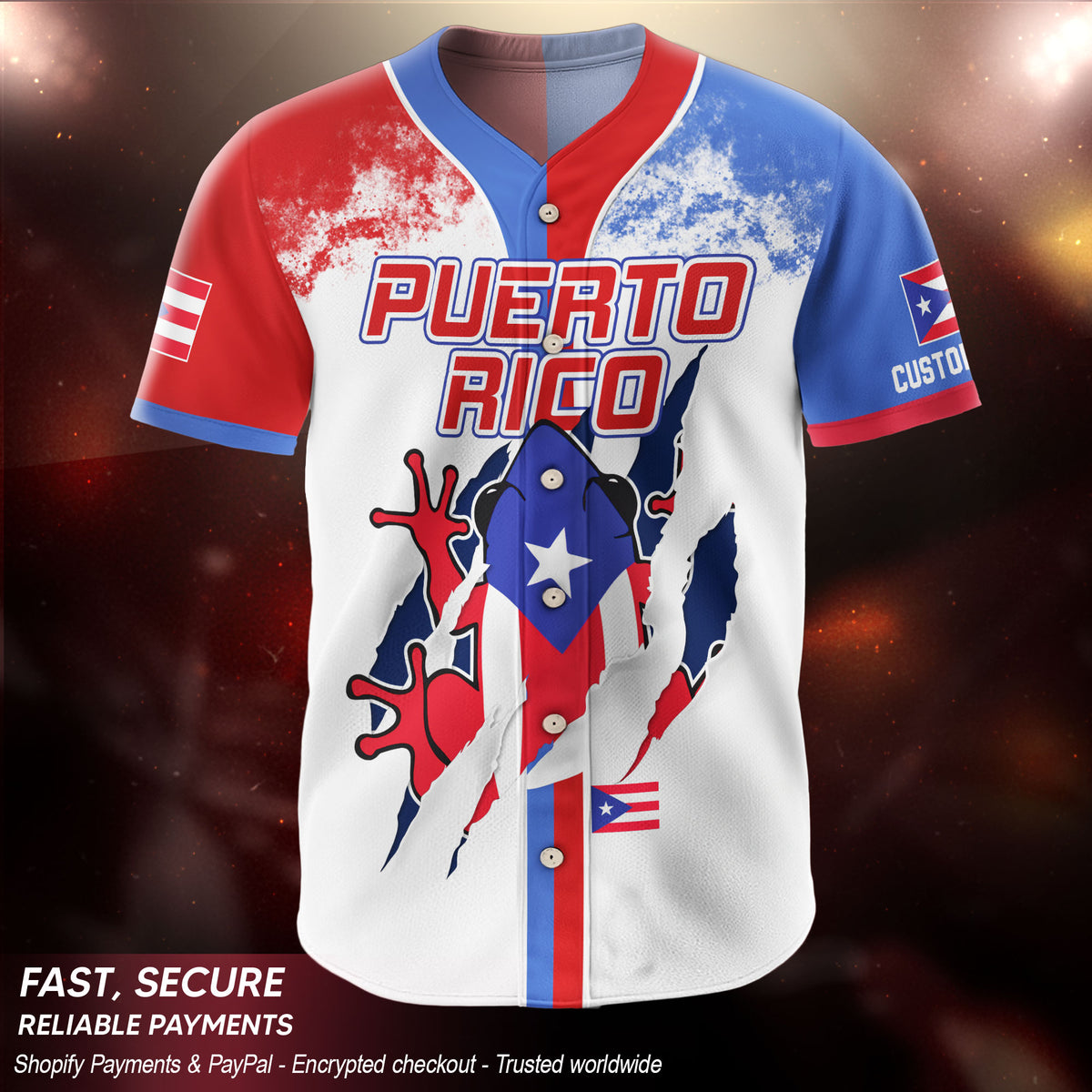 Puerto Rico Boricua Flag White Red Blue Paint Splatter Graphic Baseball Jersey