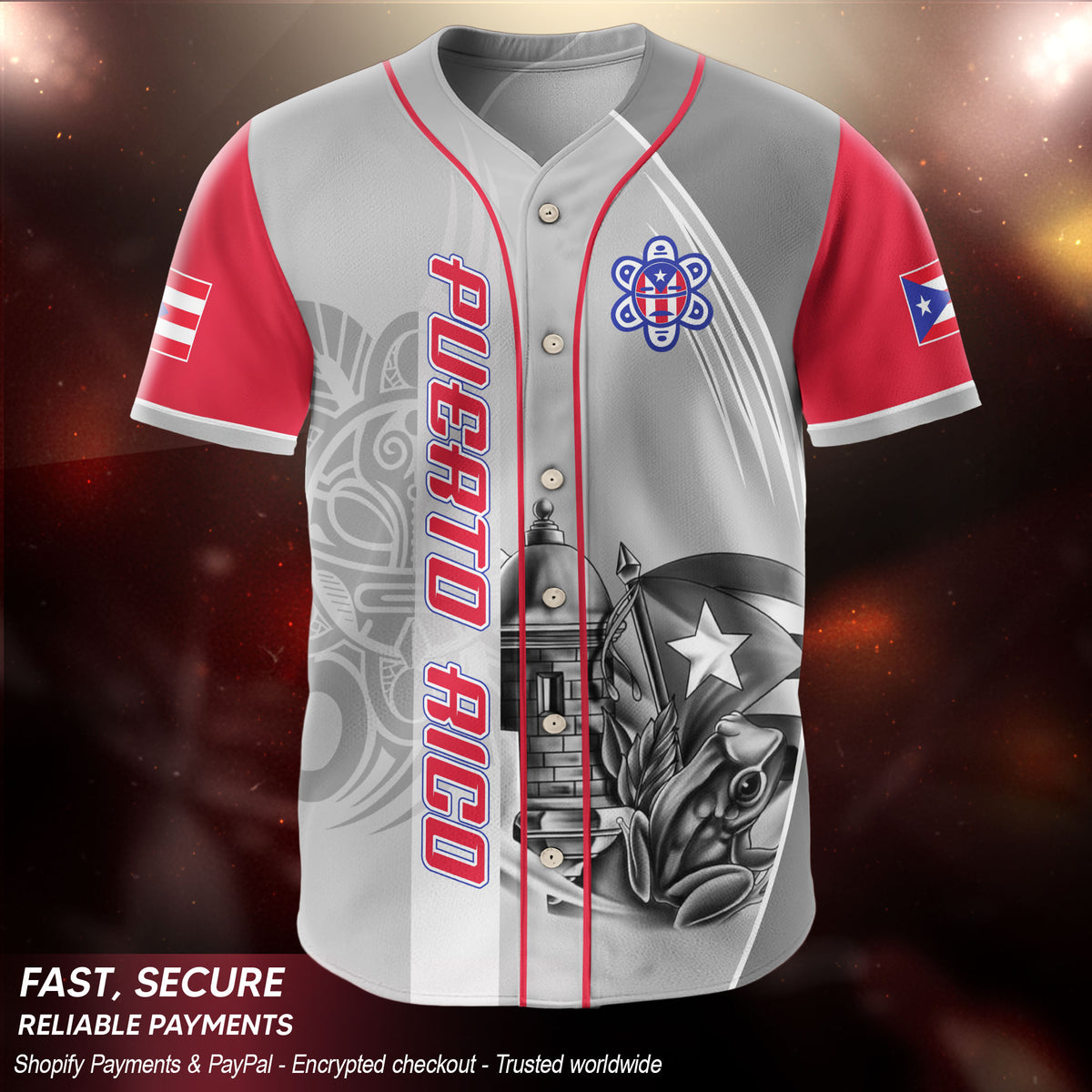 Puerto Rico Boricua Gray Red Fortress Coqui Frog Taino Heritage Baseball Jersey