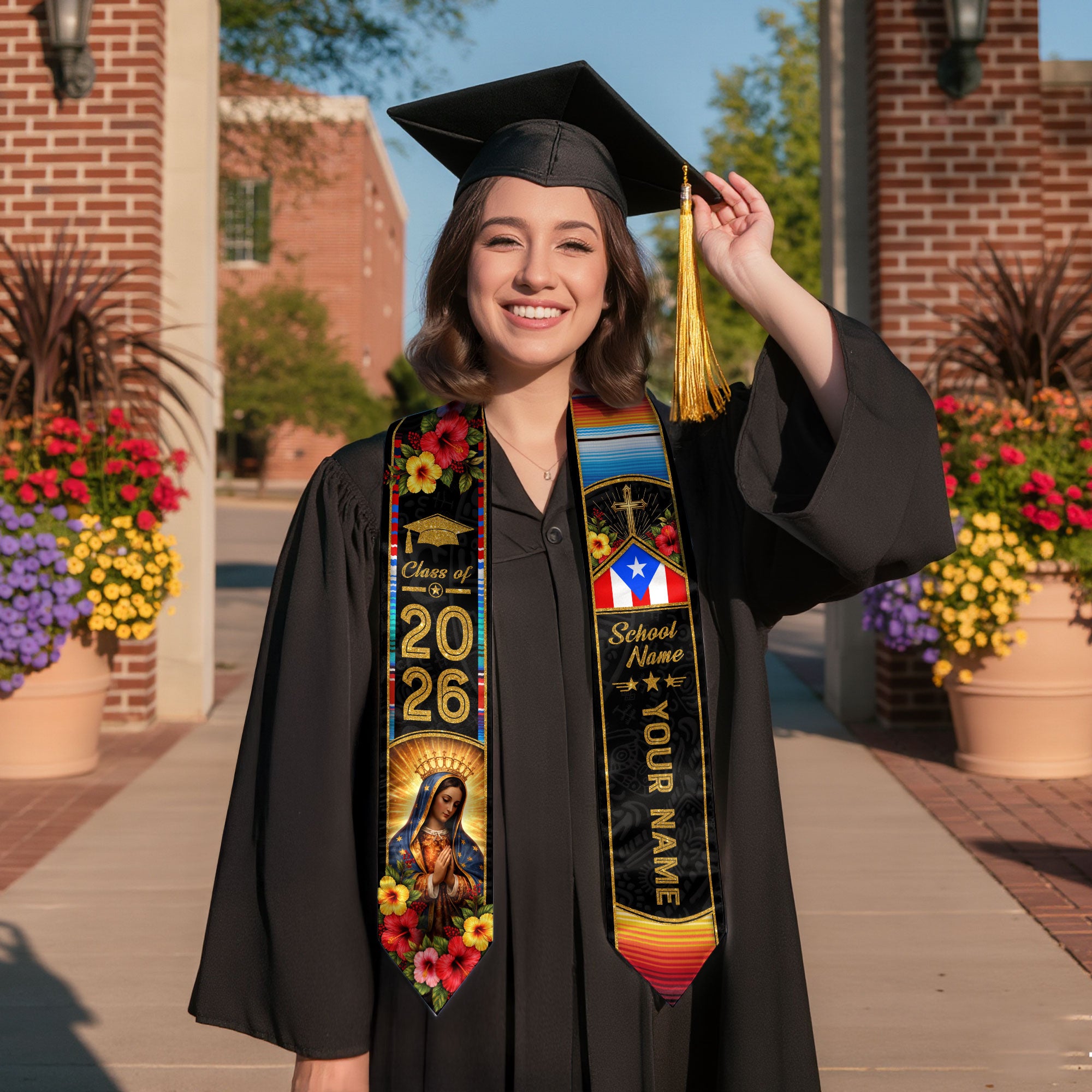Puerto Rican Graduation Stole Custom 2026 Guadalupe Cross Flag Sash Gift