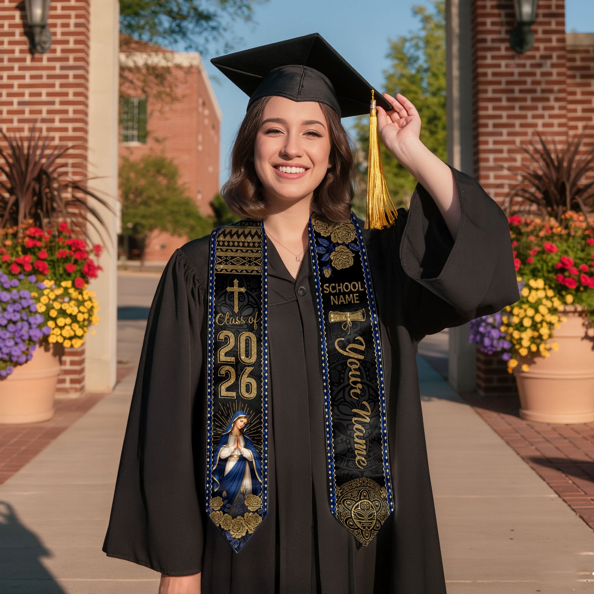 Mexico Graduation Stole Custom 2026 Virgin Mary Cross Aztec Sash Gift