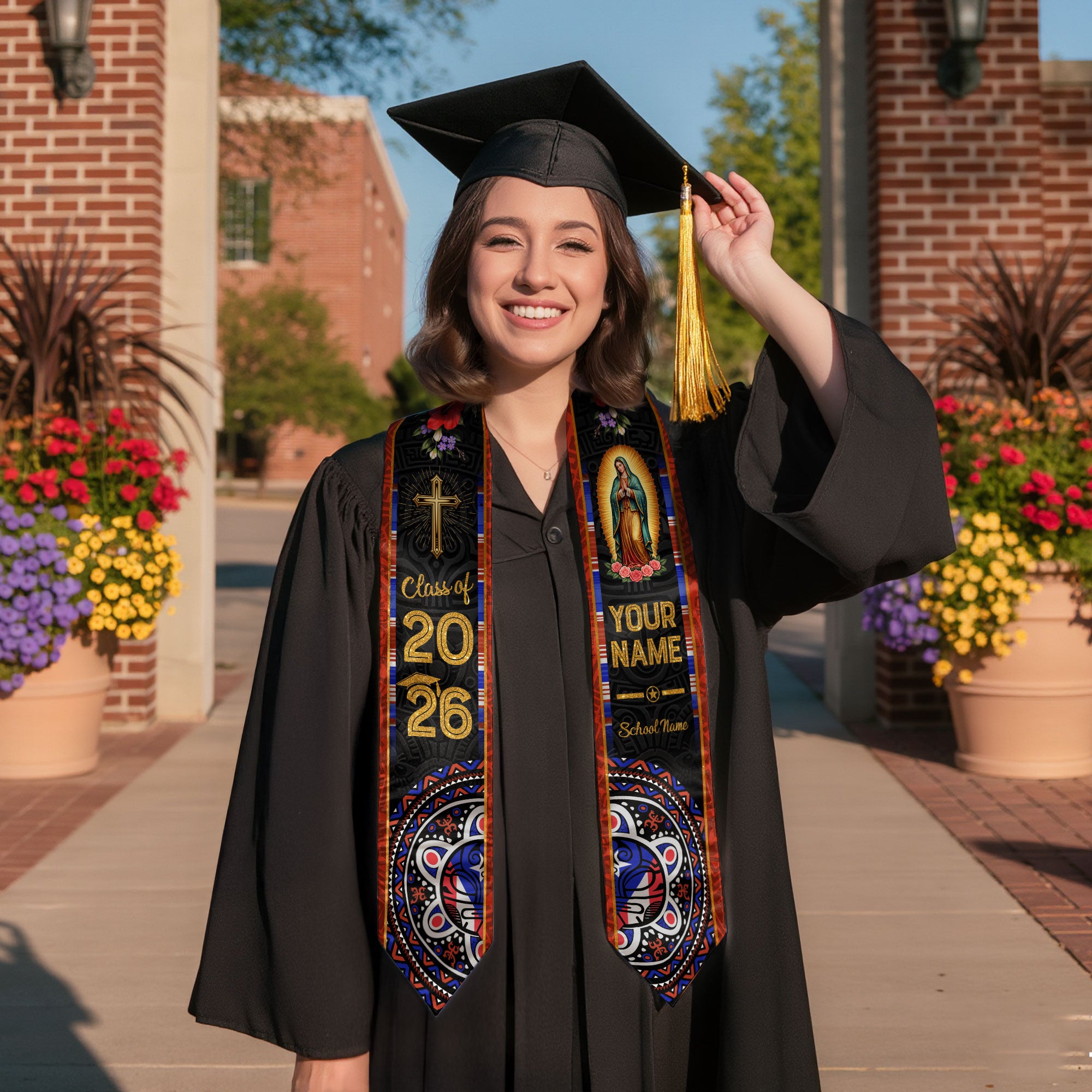 Custom Mexico Graduation Stole Class of 2026, Personalized Name Catholic Design