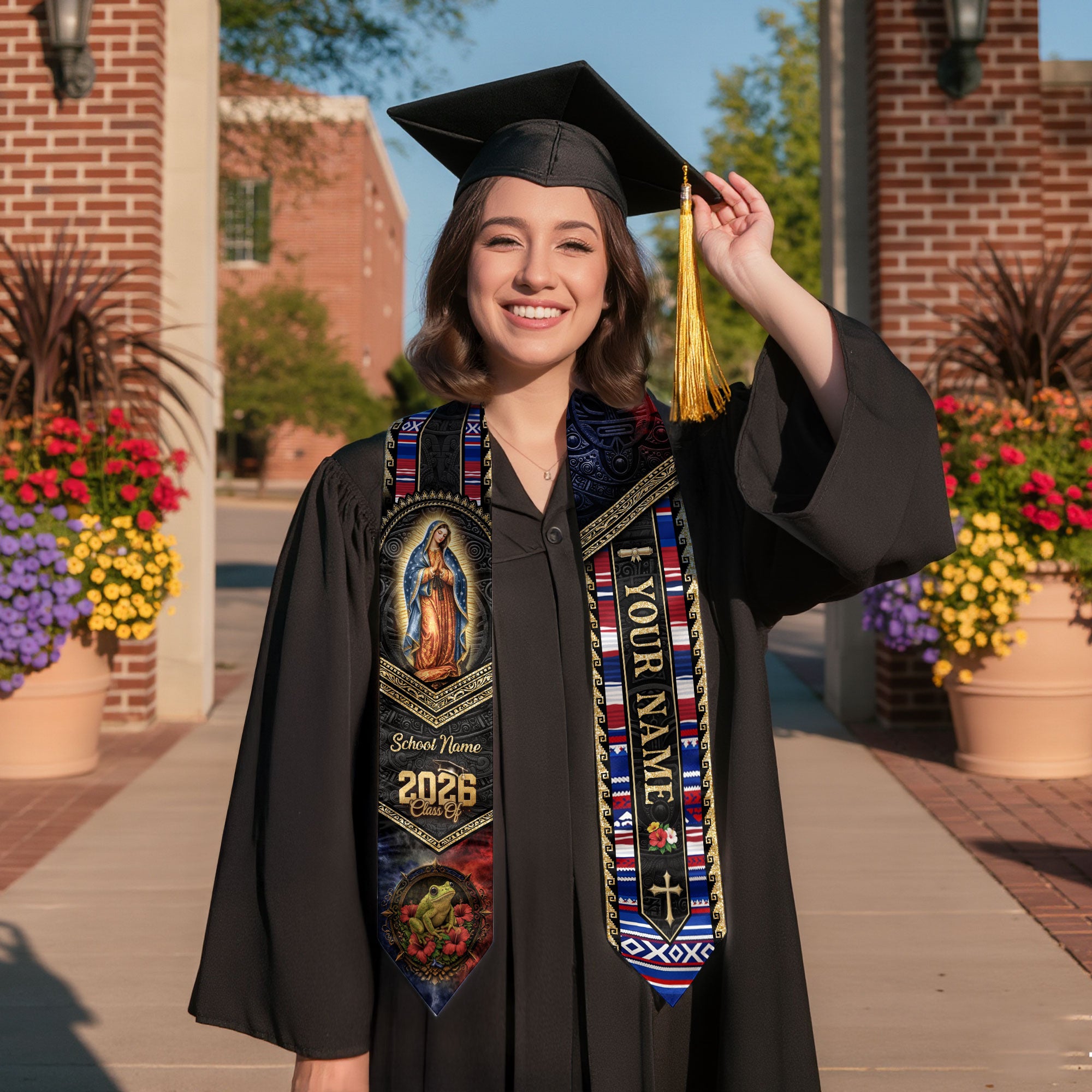 Custom Puerto Rico Graduation Stole 2026 - Our Lady of Guadalupe Coqui Frog Sash