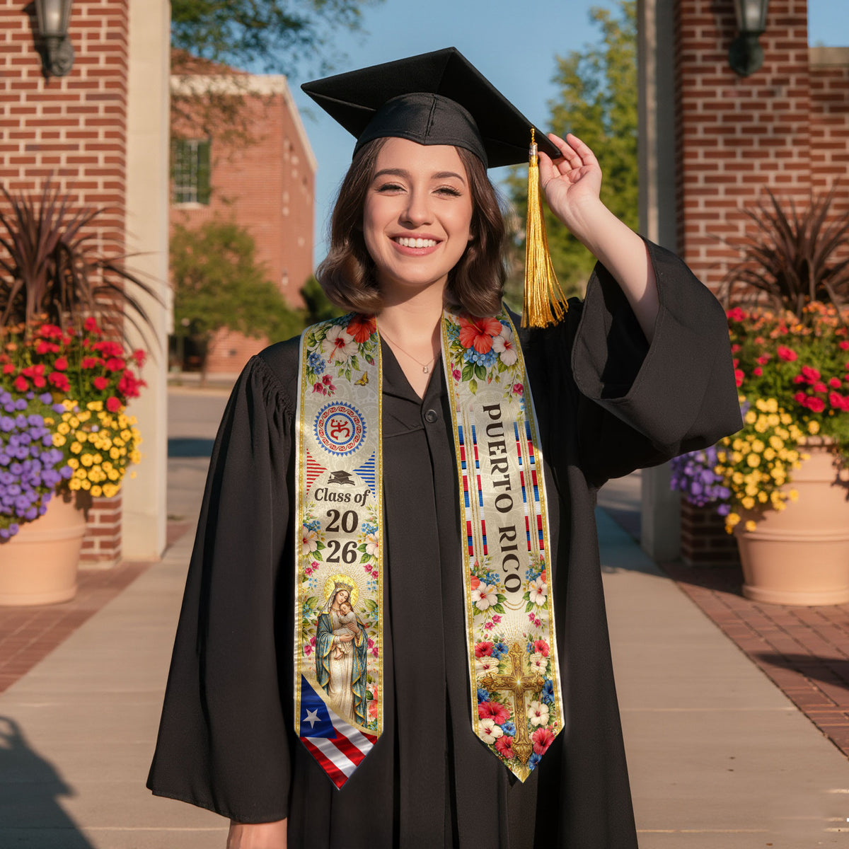 Puerto Rico Graduation Stole 2026 Virgin Mary Ivory Hibiscus PR Flag Sash