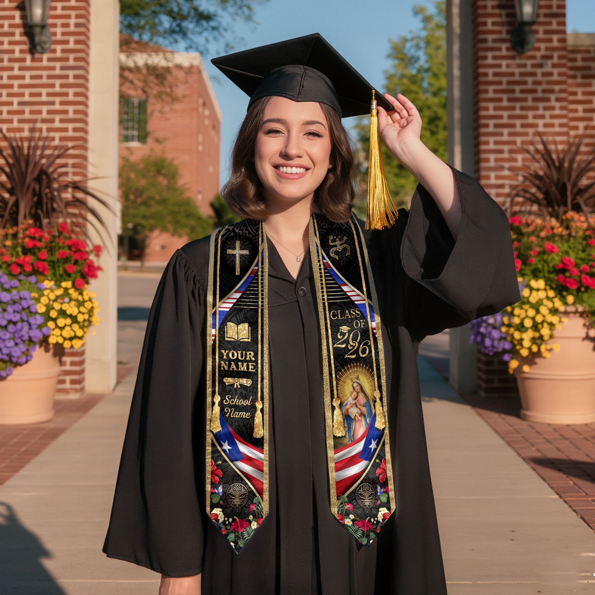 Boricua Pride Puerto Rico Graduation Stole - Custom Name School Coqui Floral Sash
