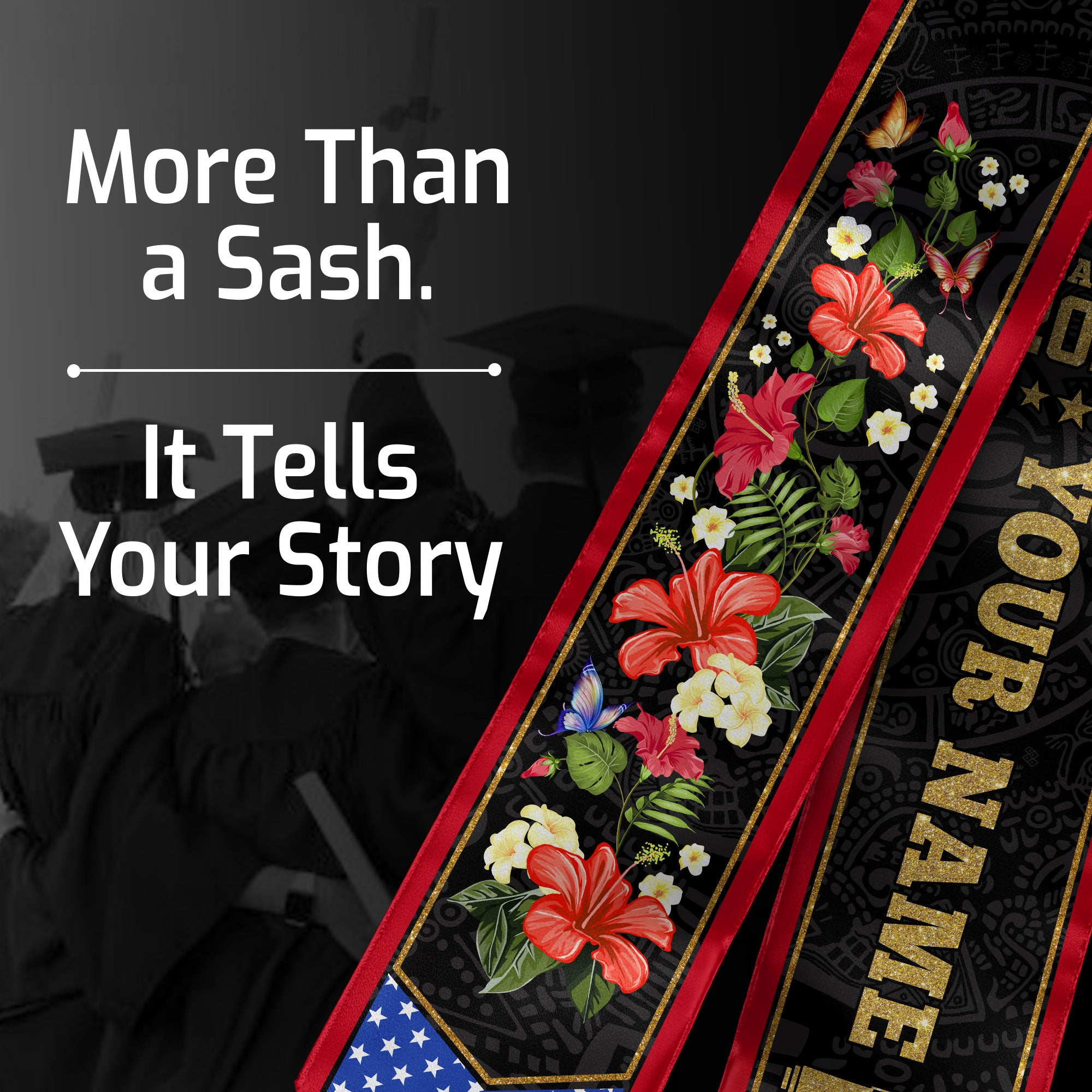 Puerto Rico USA Flag Graduation Stole Custom Name Class of 2026 Hibiscus Sash