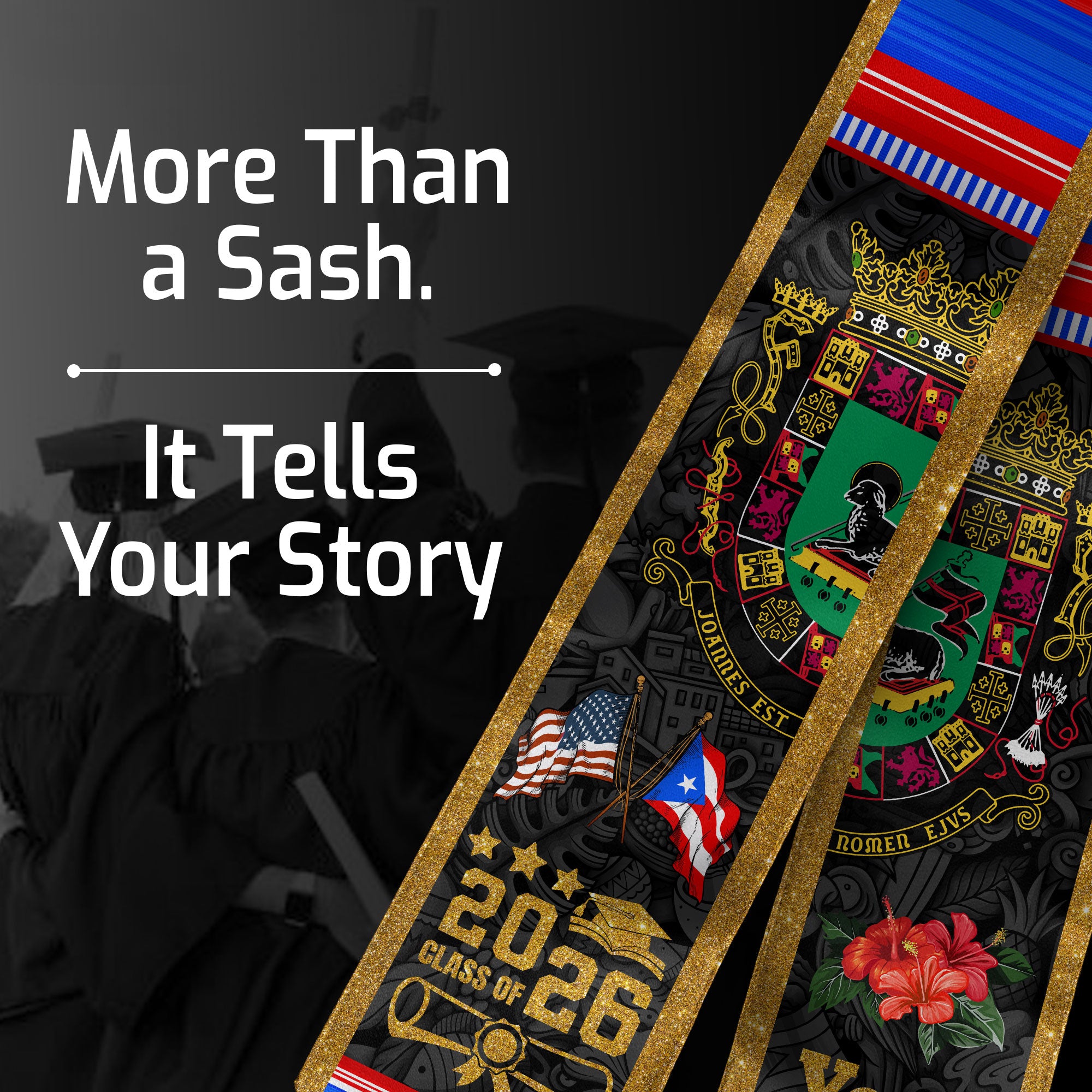 Custom Puerto Rico American Flag Coat of Arms Graduation Sash Class of 2026 Stole