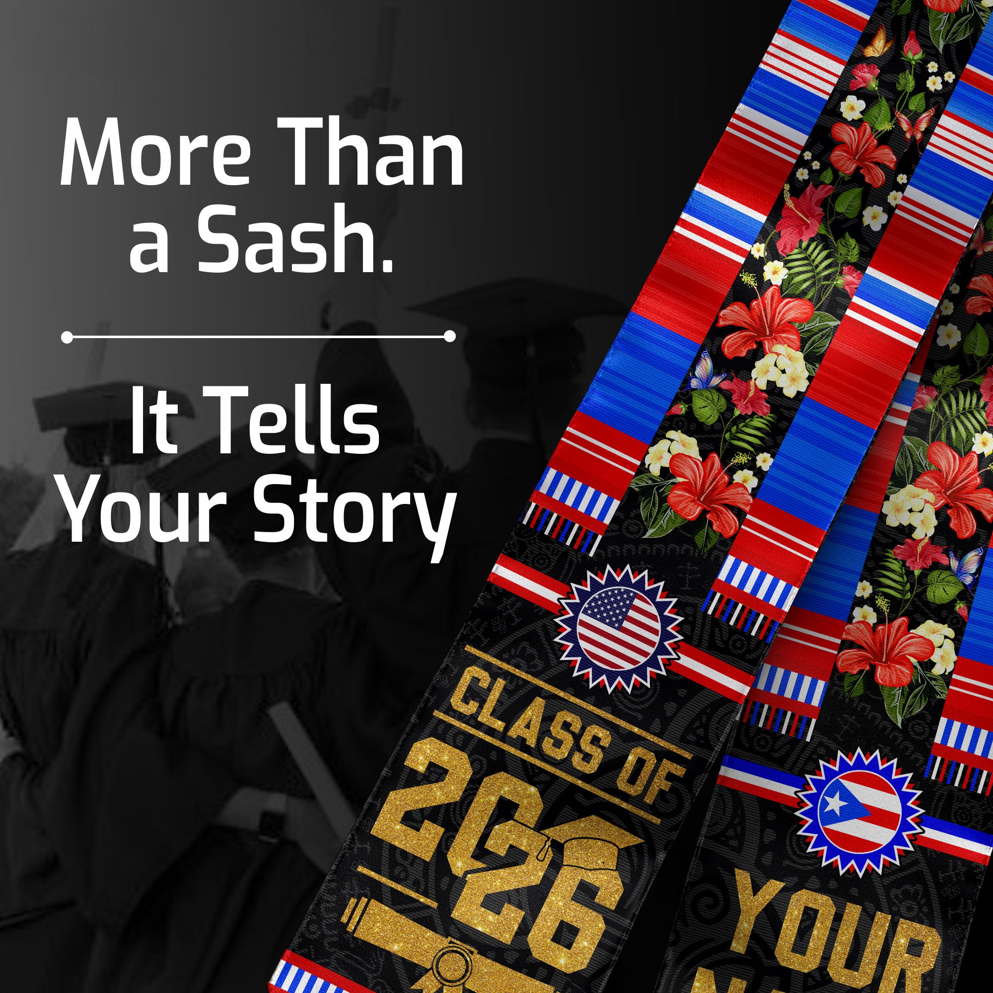 Puerto Rico Heritage Graduation Sash 2026 Custom American Flag Floral Boricua Stole