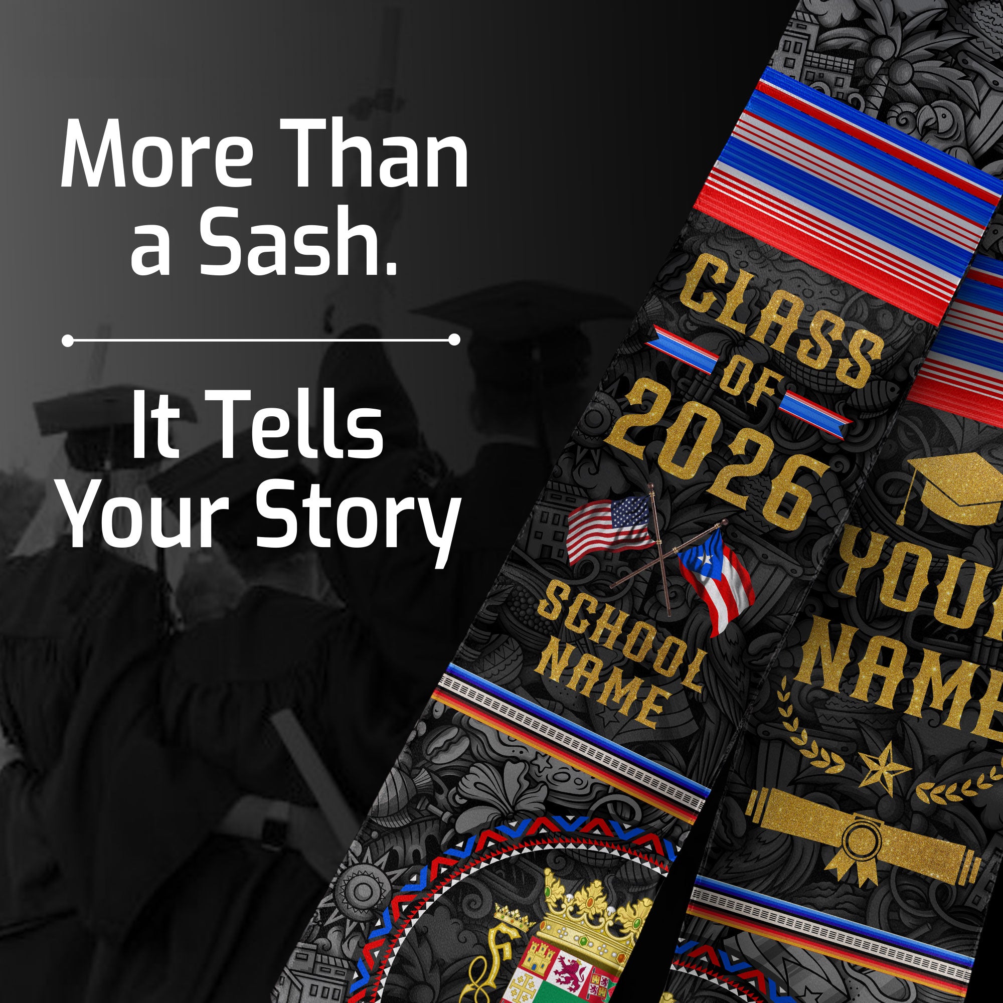 Personalized Puerto Rican Heritage Graduation Stole 2026 USA Flag Custom Name Sash