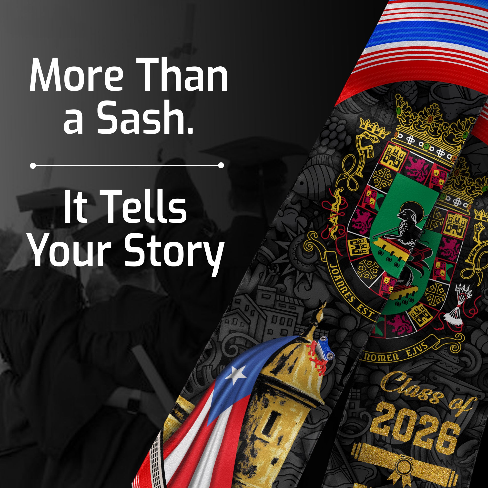 Custom Puerto Rico Graduation Stole 2026 El Morro Fortress Coat of Arms Graduation Sash