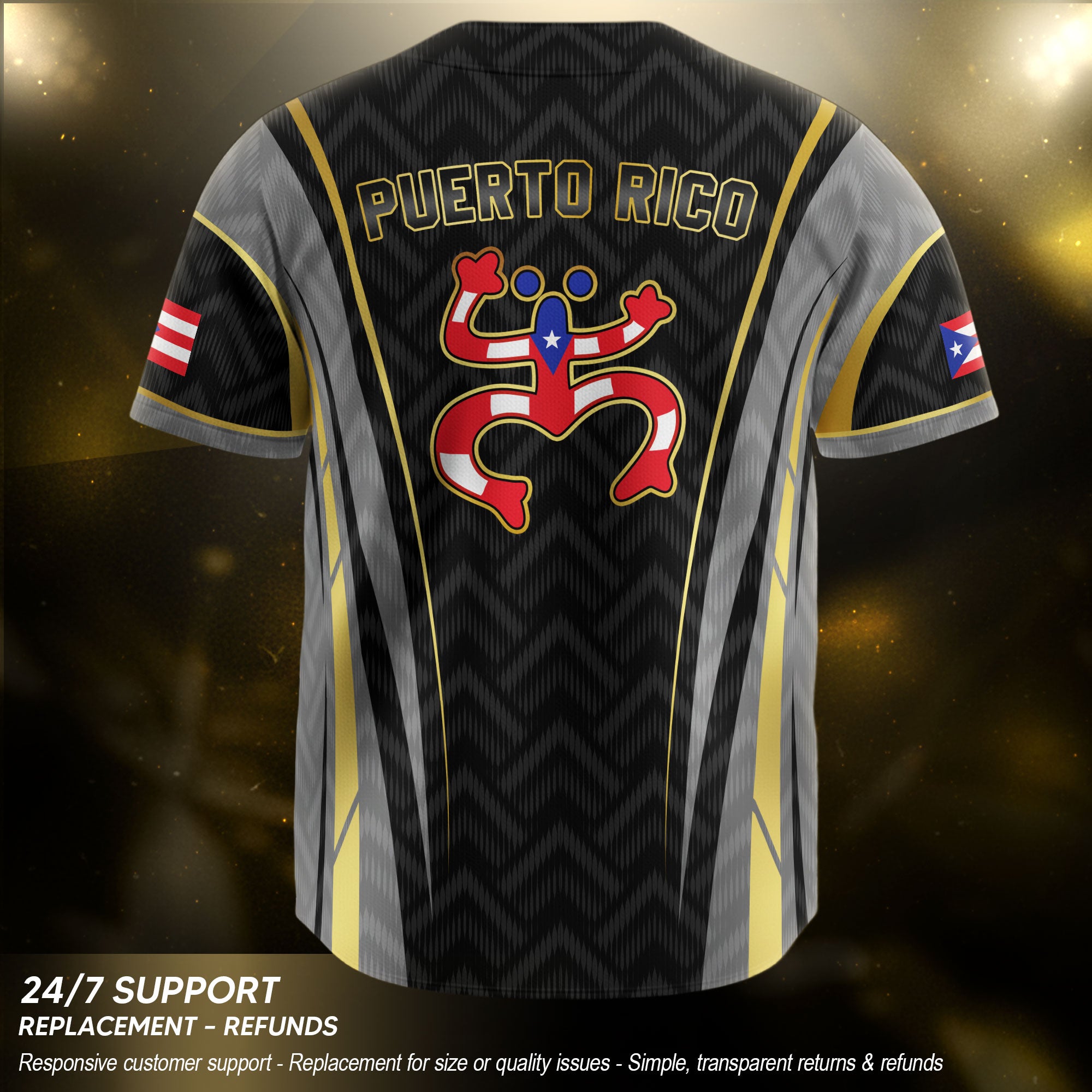 Puerto Rico Boricua Black Gold Coqui Frog Heritage Graphic Baseball Jersey