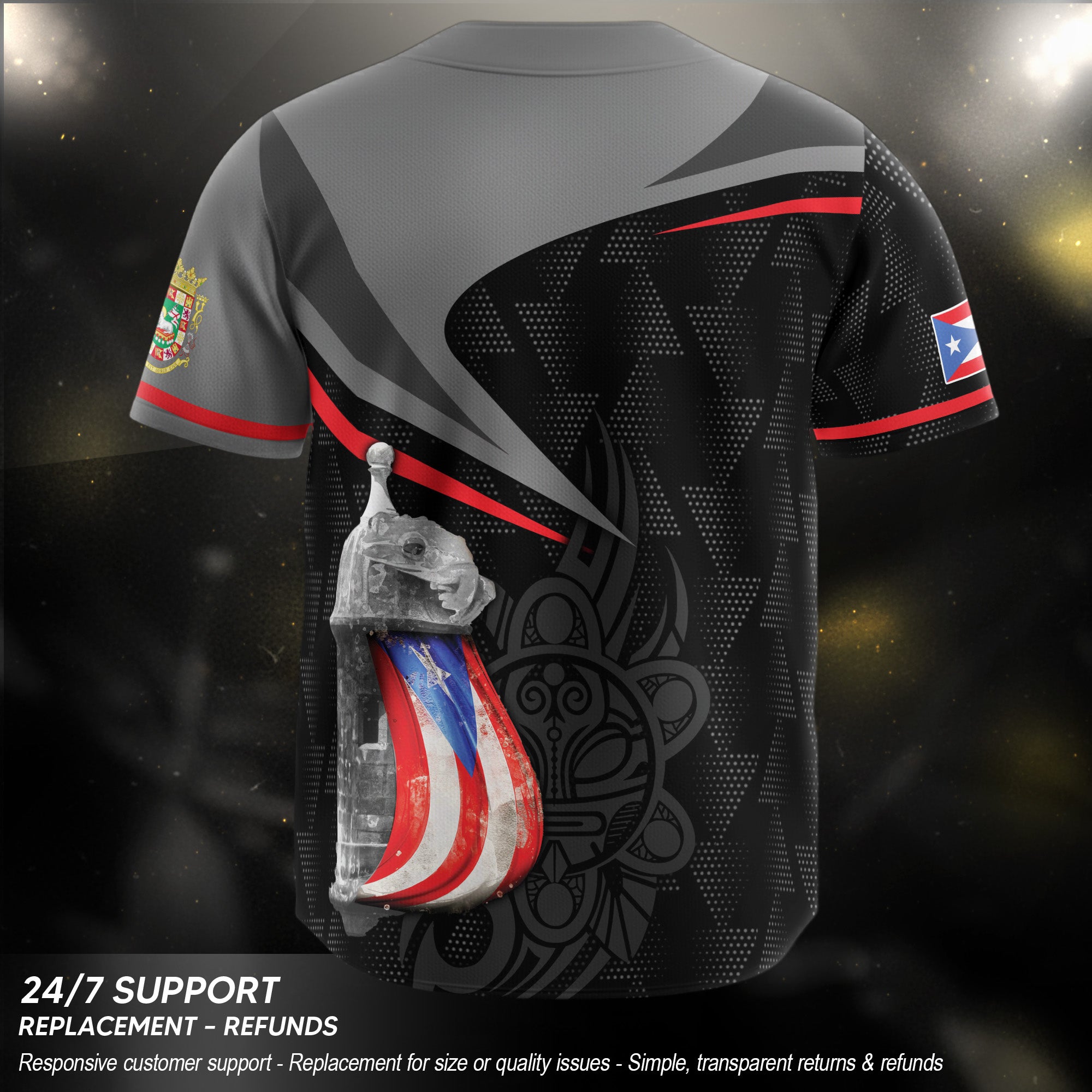 Puerto Rico Heritage Fortress Gray Black Tribal Graphic Boricua Baseball Jersey