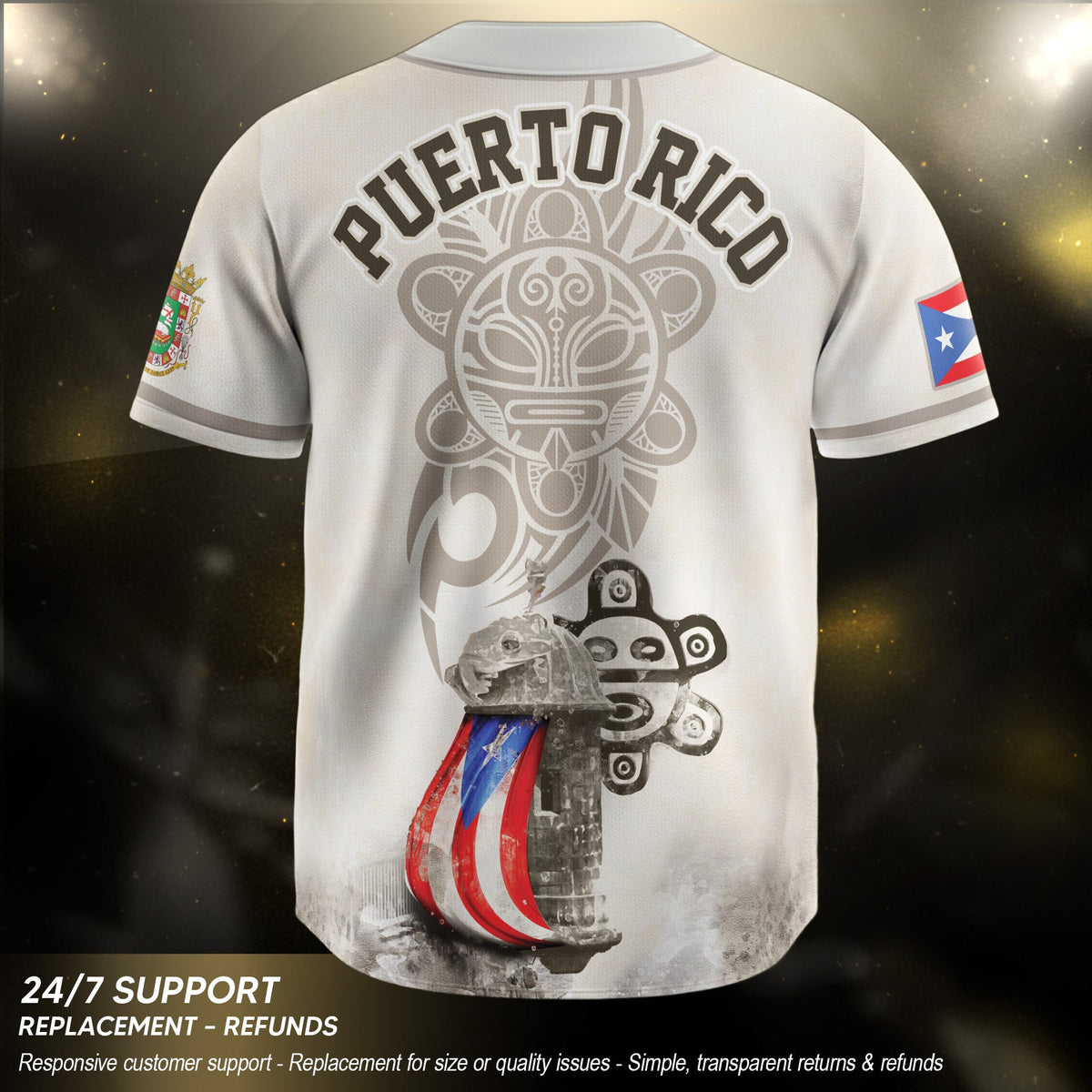 Puerto Rico Baseball Jersey in Heritage White for Men and Women, Beige Boricua Fortress Tribal Graphic, Bold Puerto Rico Shirts for Fans, Northryn Co.