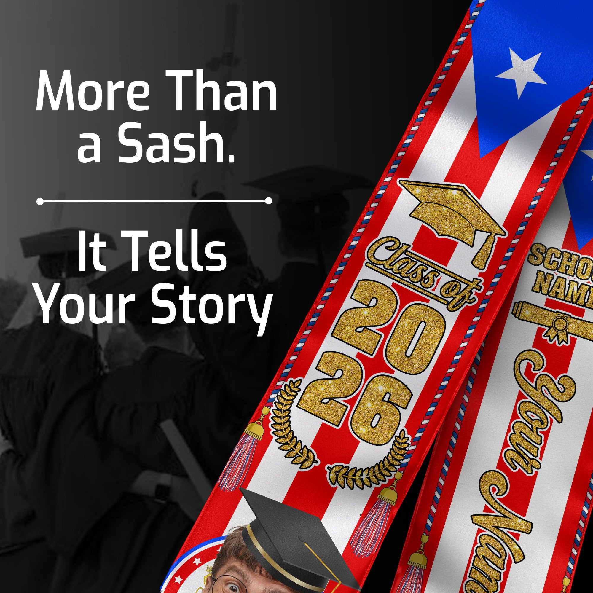 Custom Photo Name Puerto Rico Flag Gold Glitter Class of 2026 Graduation Sash