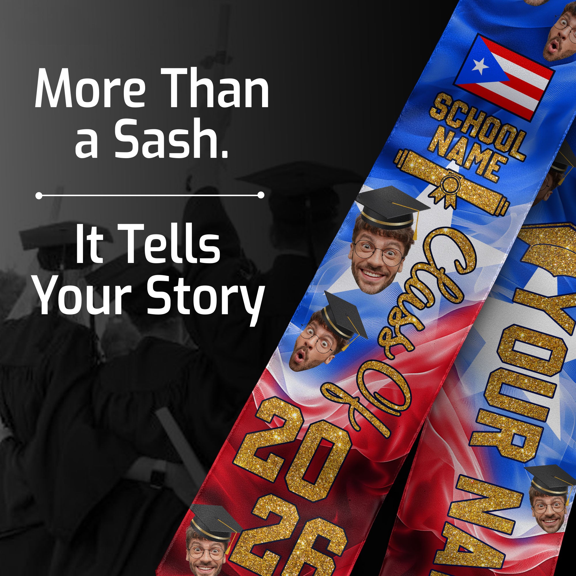 Custom Photo Face Puerto Rico Flag Graduation Class of 2026 Personalized Graduation Sash