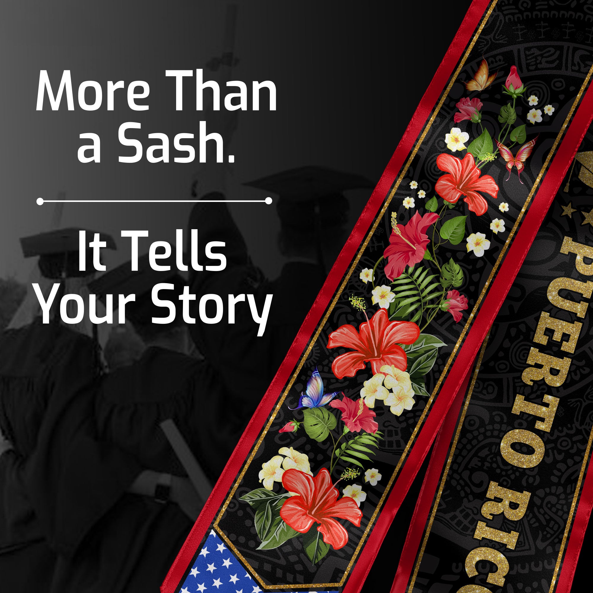 Puerto Rico USA Flag Hibiscus Floral Heritage Class of 2026 Graduation Sash Graduation Stole