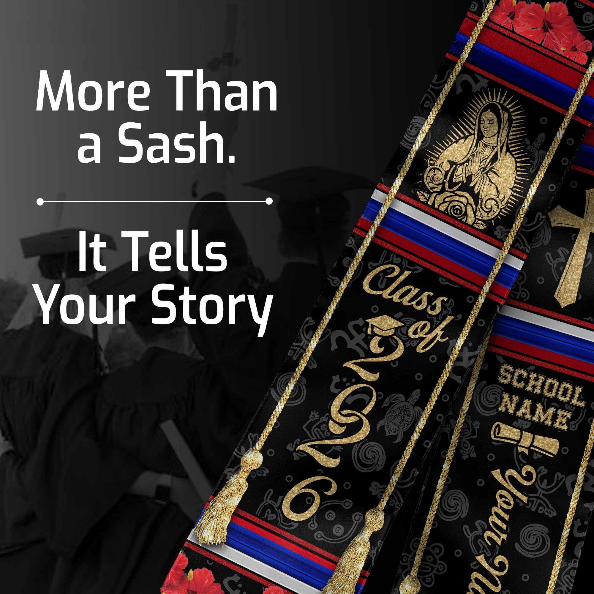 Puerto Rico Graduation Stole Virgin Mary & Cross Floral Class of 2026 Senior Sash