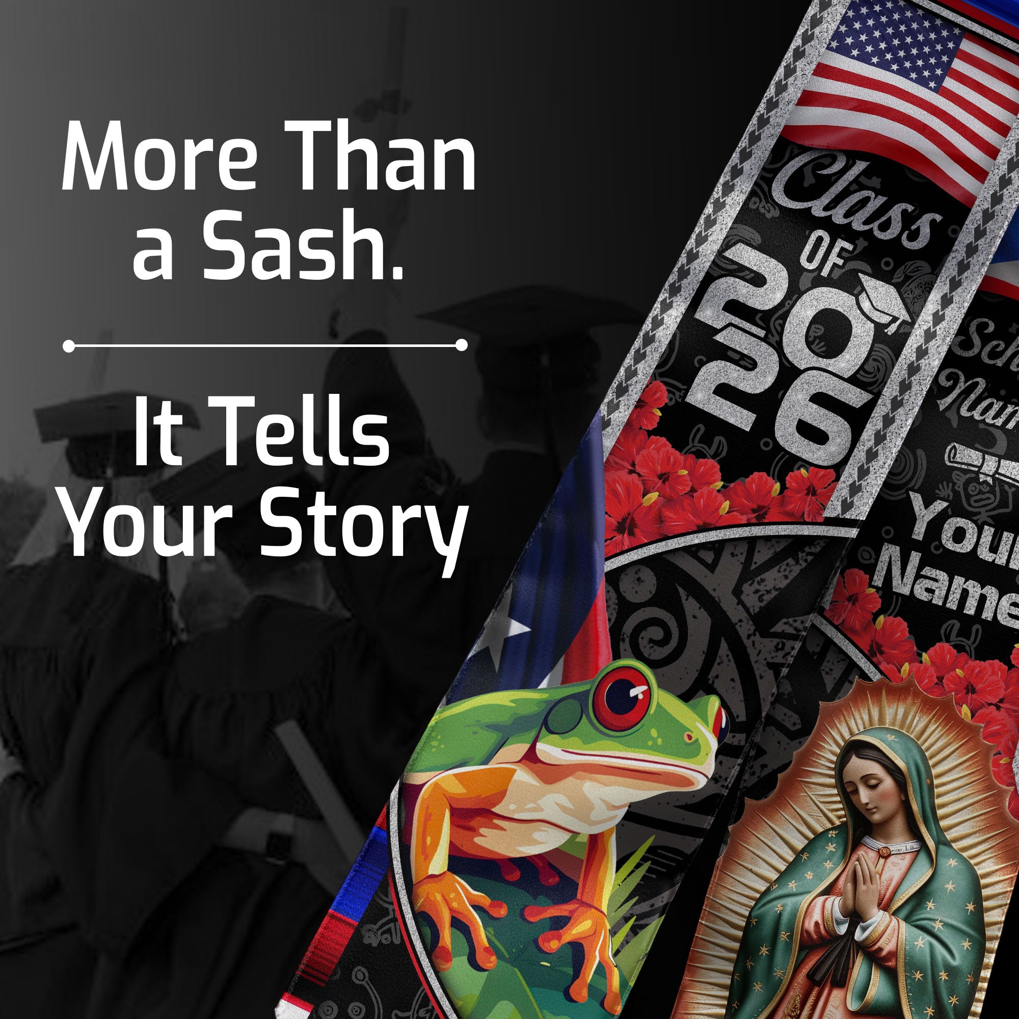 Custom Puerto Rico American Flag Graduation Sash 2026 Coqui Frog Virgin Mary Stole