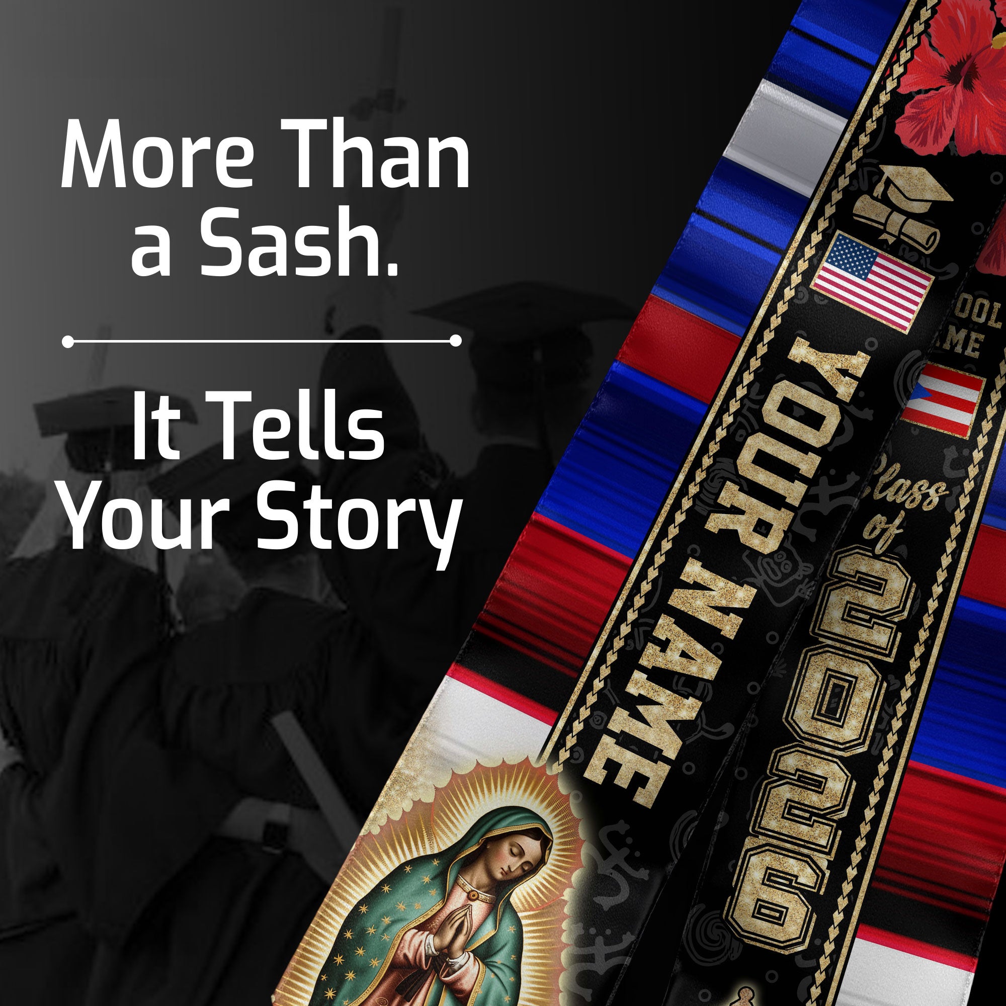 Custom Puerto Rico Graduation Sash 2026 Virgin Mary Coqui Frog American Flag Stole
