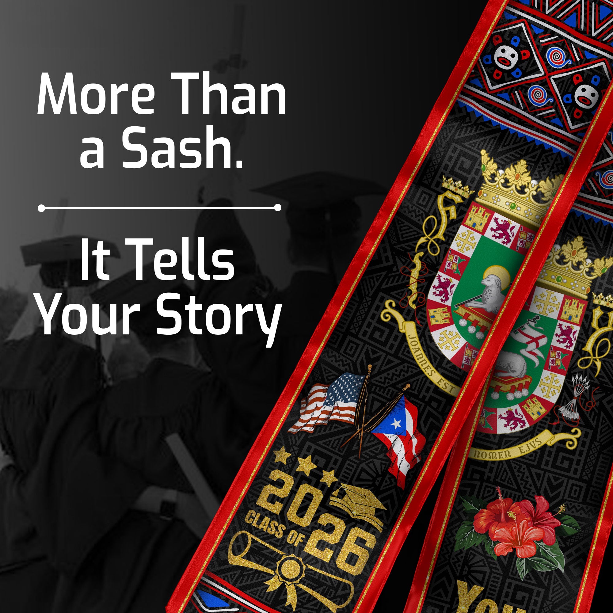 Custom Puerto Rico Graduation Stole 2026 Coat of Arms Flags Hibiscus Graduation Sash