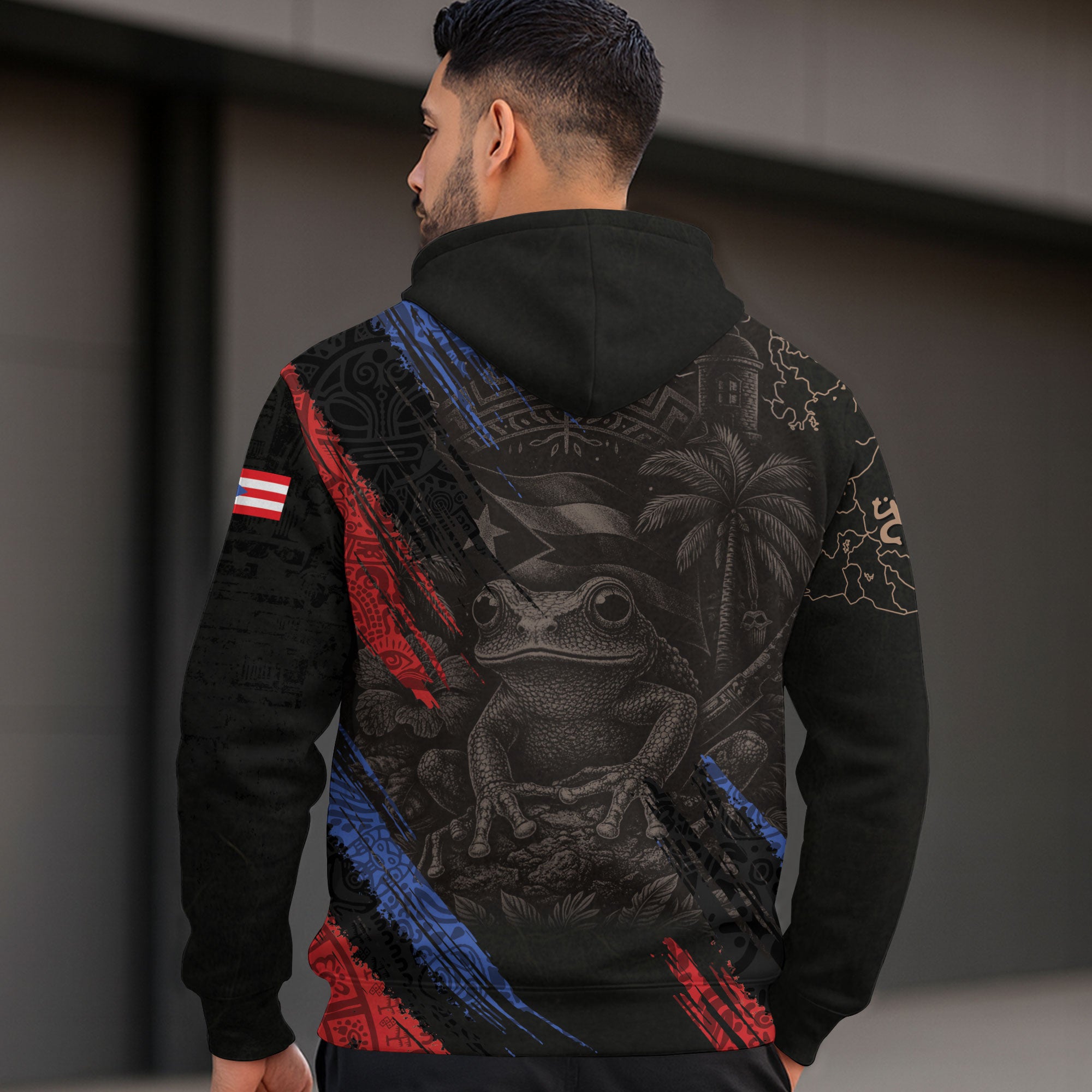 Puerto Rico Map Boricua Coqui Frog Taino Tribal Black Red Blue Heritage Hoodie