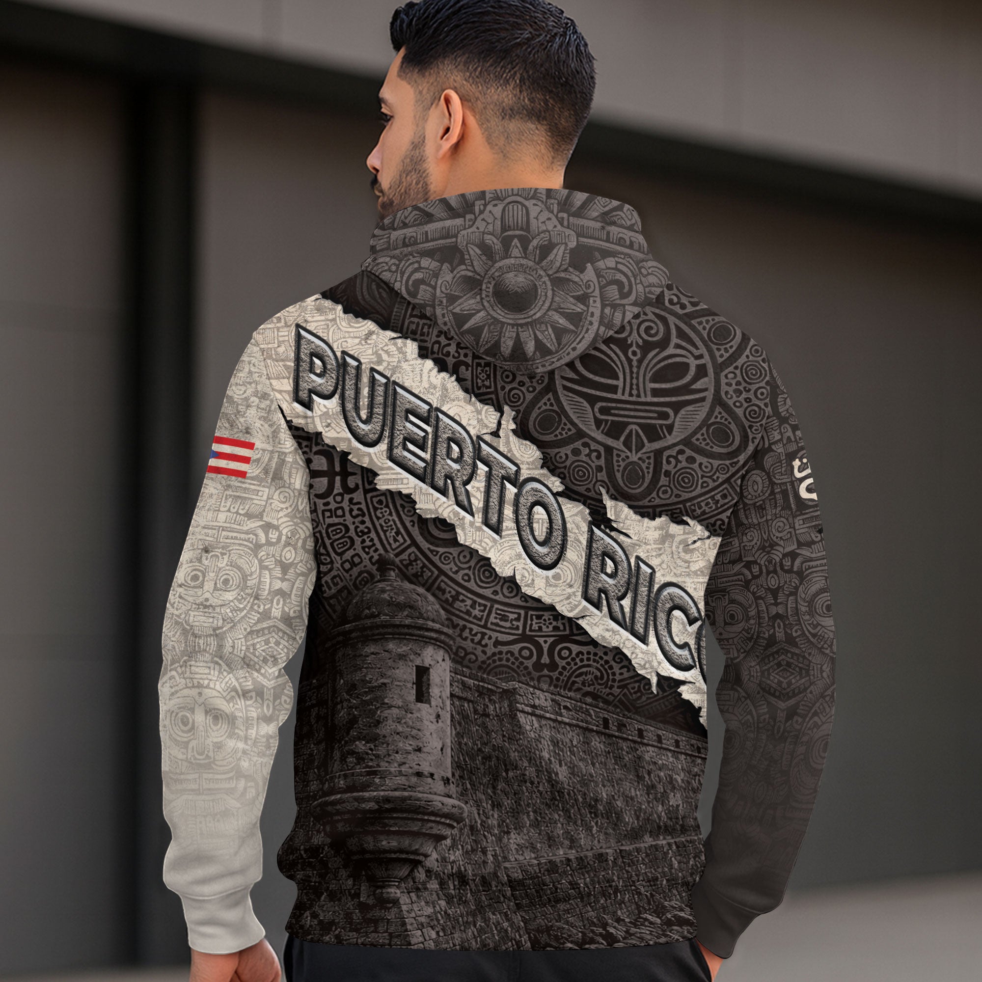 Puerto Rico Map Boricua Coqui Frog El Morro Taino Tribal Beige Gray Hoodie