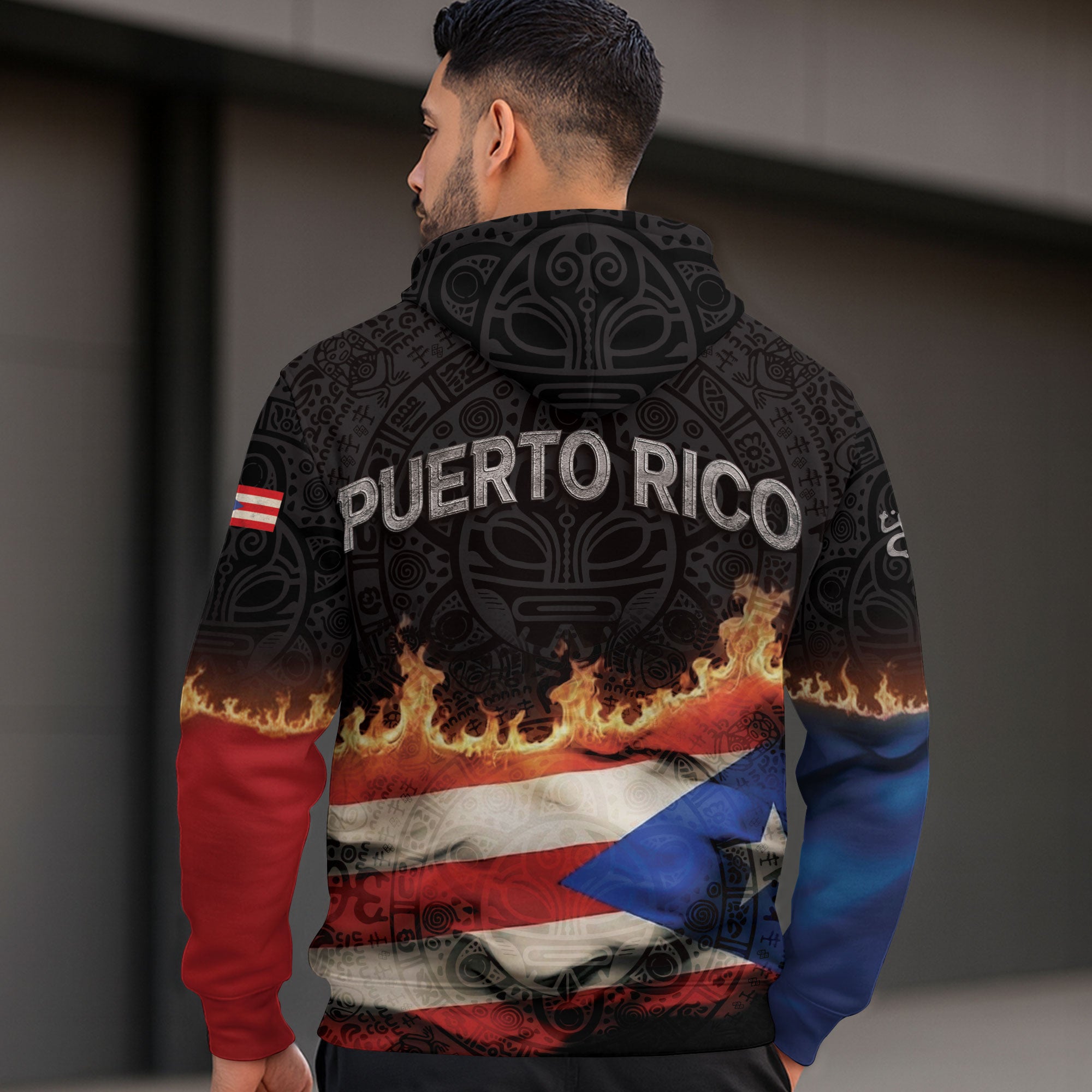 Puerto Rico Virgin Mary Catholic Flag Taino Tribal Boricua Black Red Blue Hoodie