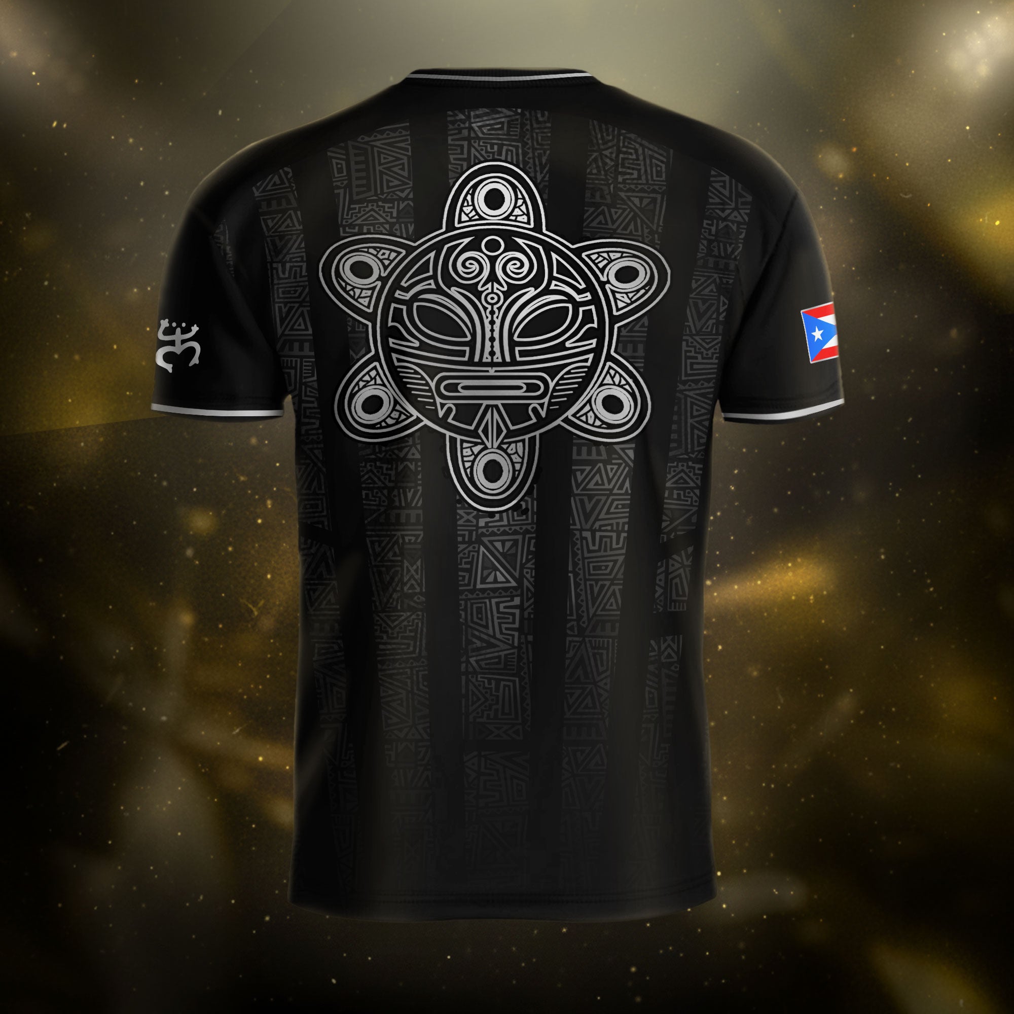 Camiseta de fútbol boricua con símbolo tribal negro y plateado de Puerto Rico