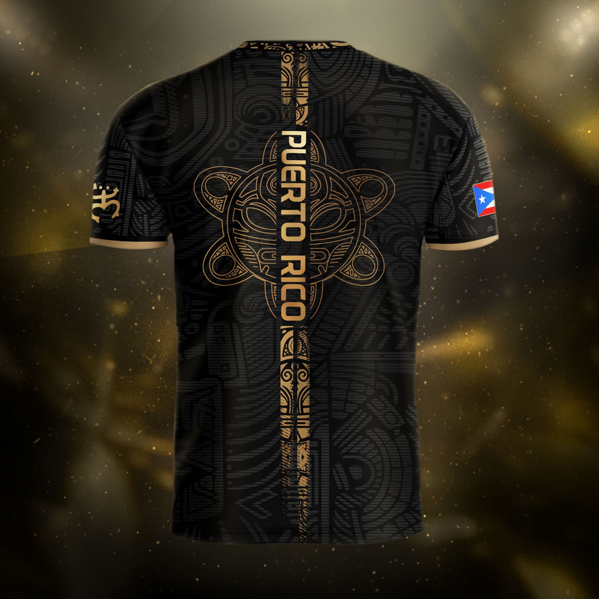 Camiseta de fútbol Puerto Rico Black Gold Side Taino Sun National Heritage Boricua Pride