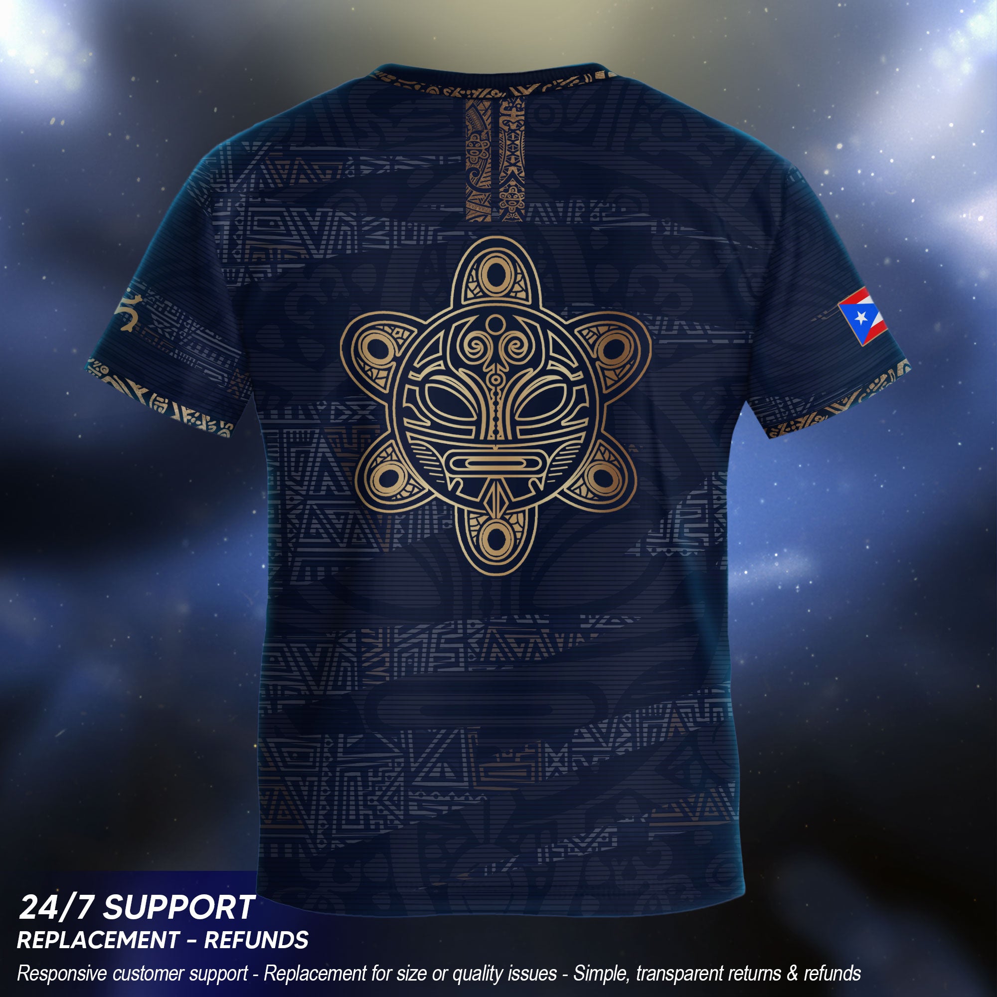 Camiseta de fútbol boricua de herencia nacional con diseño tribal taíno dorado azul marino para niños y jóvenes de Puerto Rico