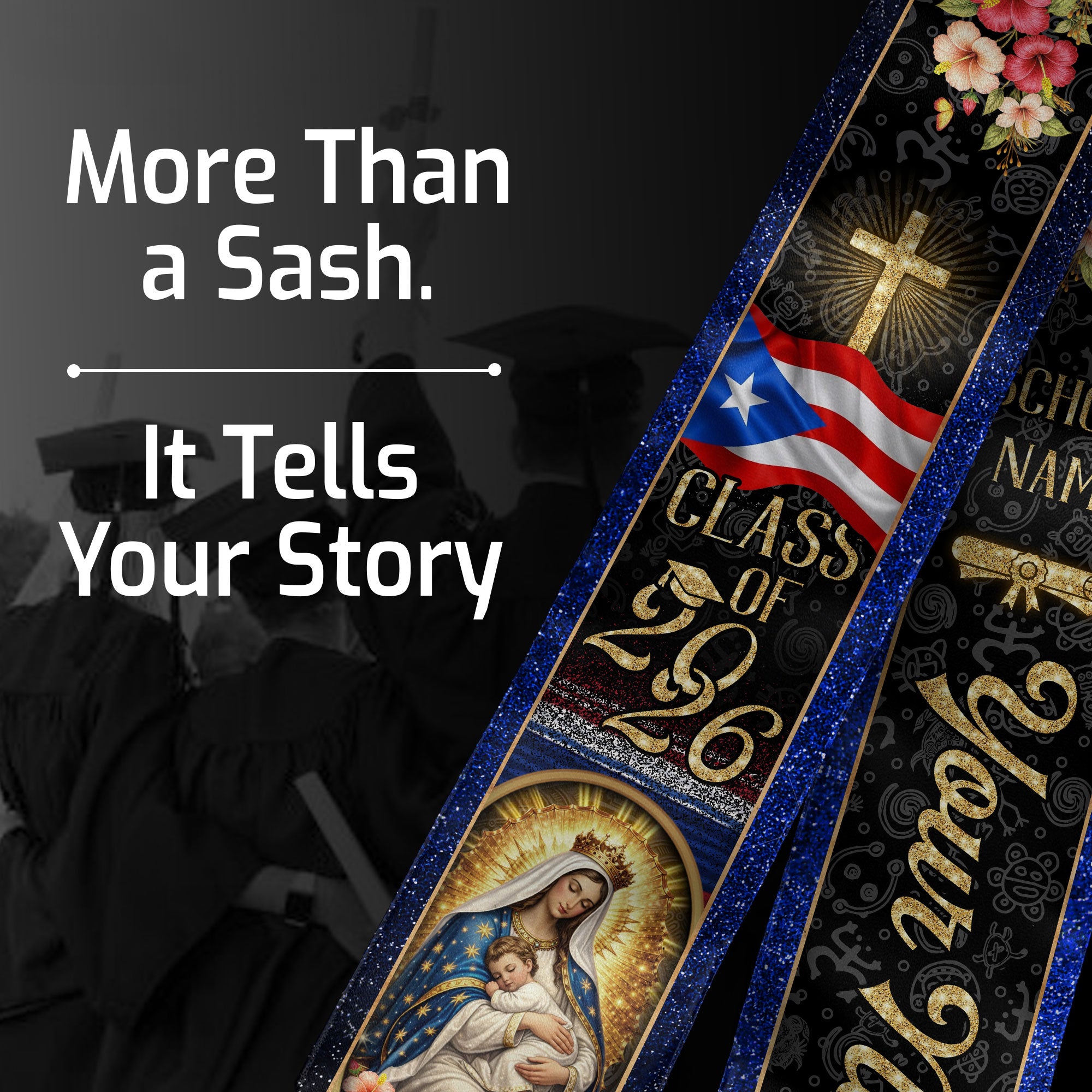 Custom Puerto Rico Graduation Stole Class of 2026 Virgin Mary Cross Catholic Sash Gift