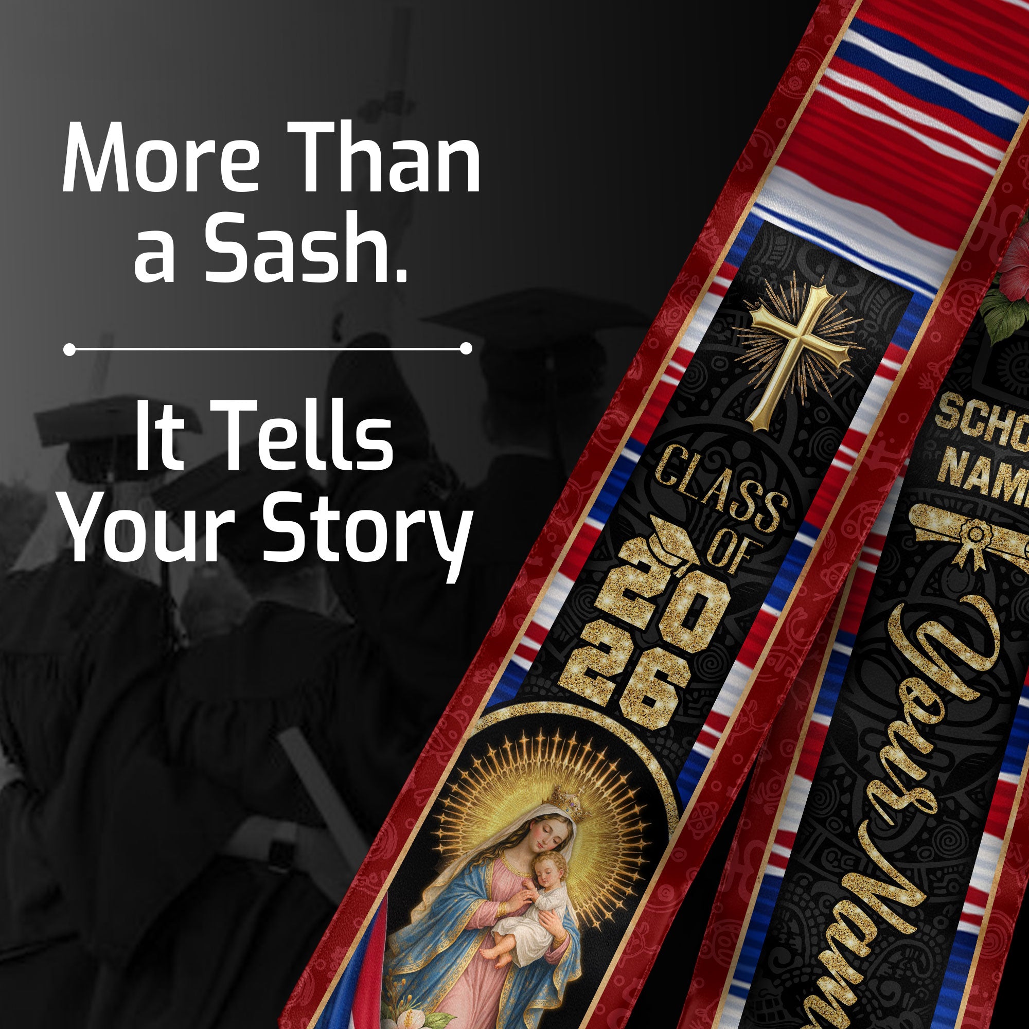 Custom Graduation Stole Class of 2026 Puerto Rico Virgin Mary Personalized Name Sash