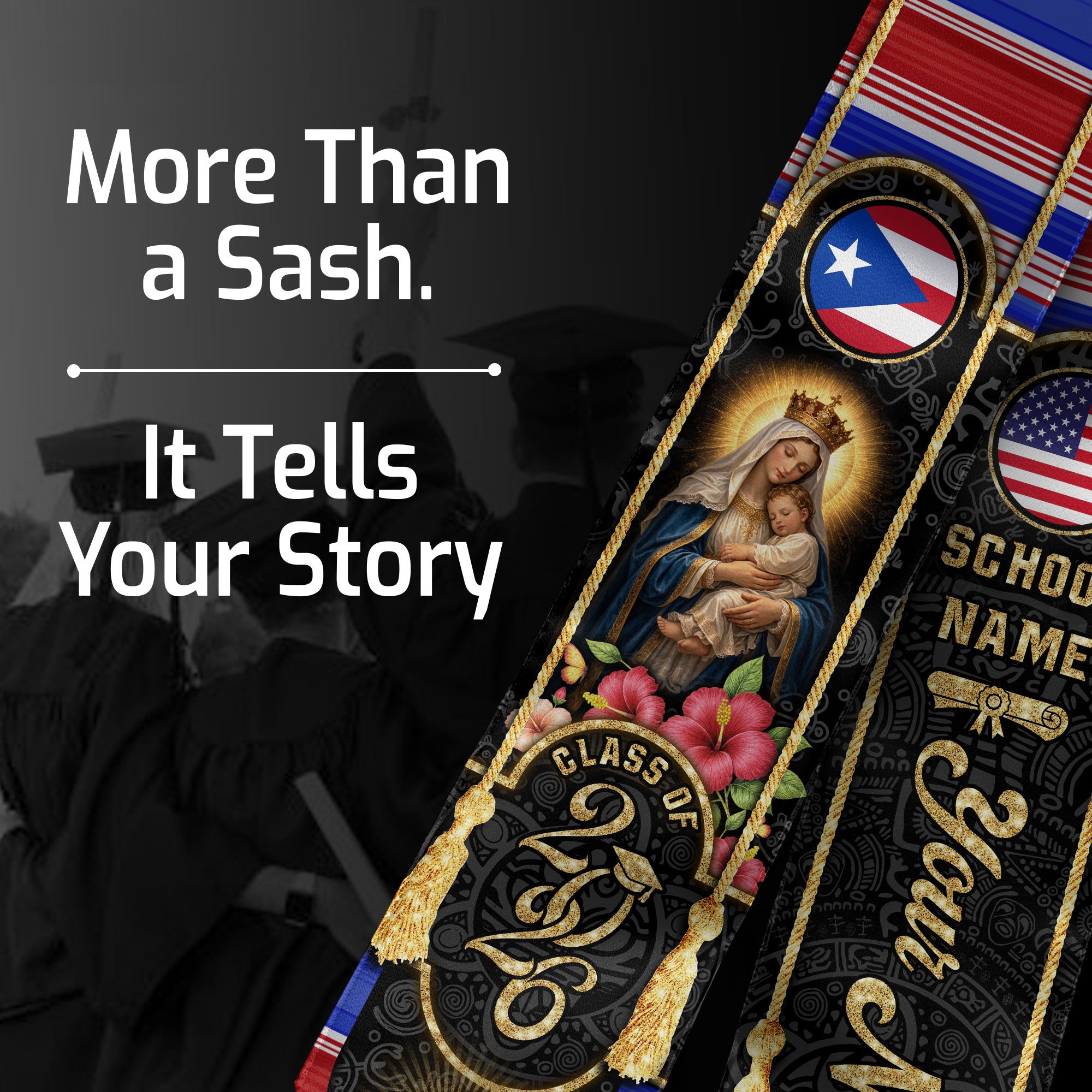 Custom Graduation Stole Class of 2026 Puerto Rico USA Virgin Mary Personalized Name Sash