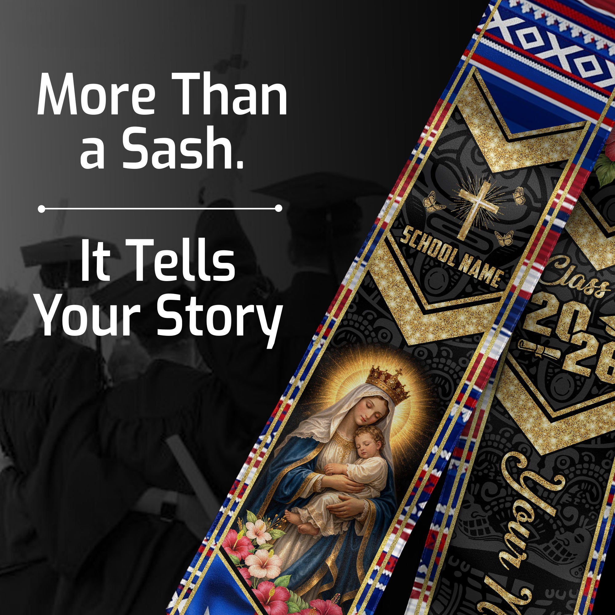 Custom Puerto Rico USA Graduation Stole 2026 Virgin Mary Cross Catholic Heritage Sash Gift