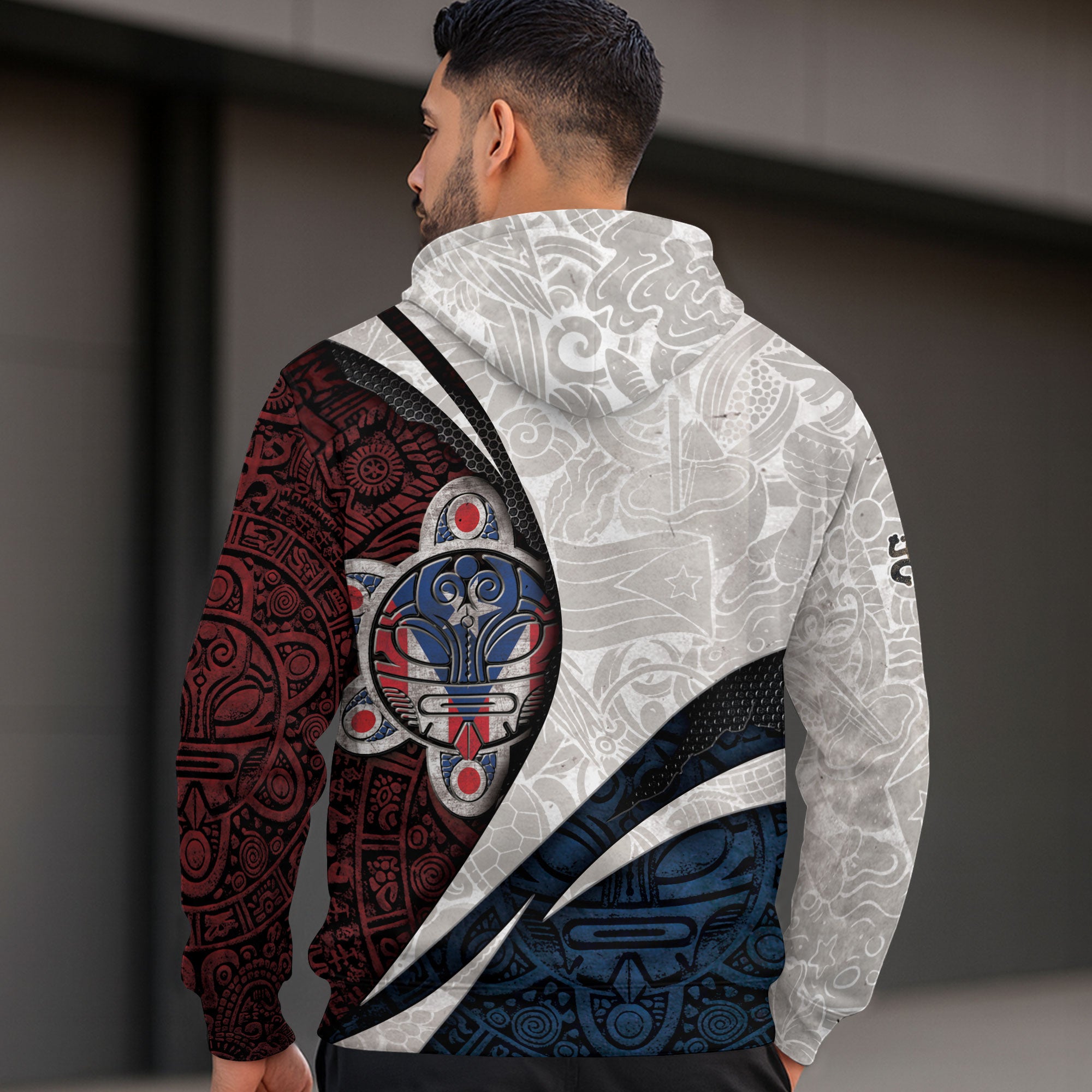 Puerto Rico Boricua Taino Sun Mask Tribal National White Red Blue Pride Hoodie