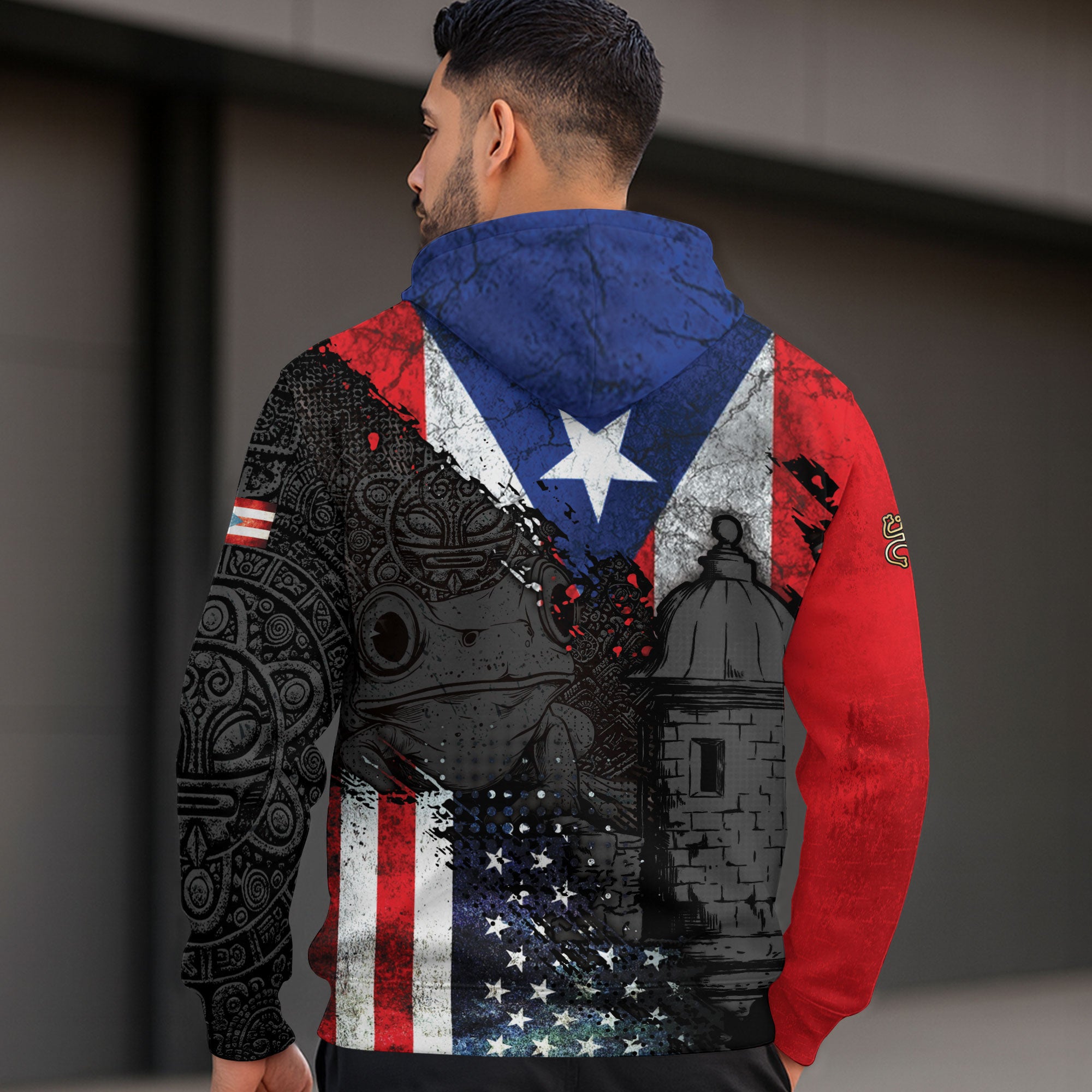 Puerto Rico Flag Coqui Frog El Morro Boricua Tribal Black Red Blue Heritage Hoodie