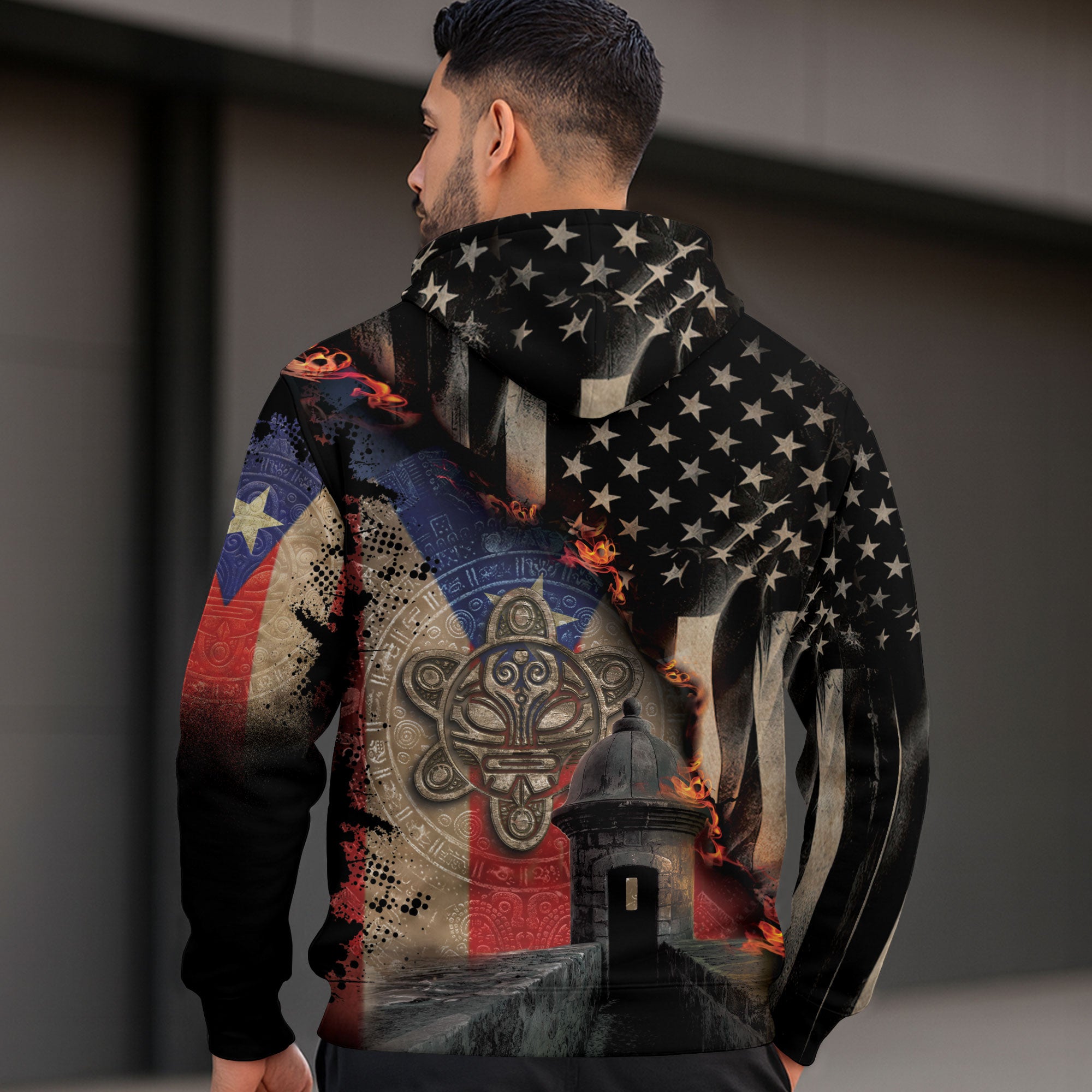 Puerto Rico USA Flag Boricua El Morro Taino Tribal Black Gold Heritage Hoodie