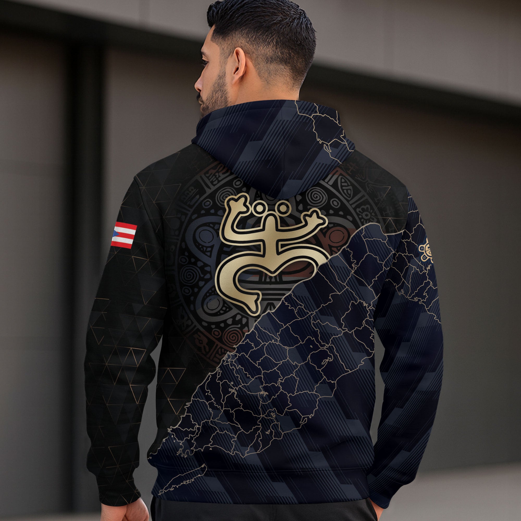 Puerto Rico Map Boricua Coqui Frog El Morro Taino Tribal Black Navy Gold Hoodie