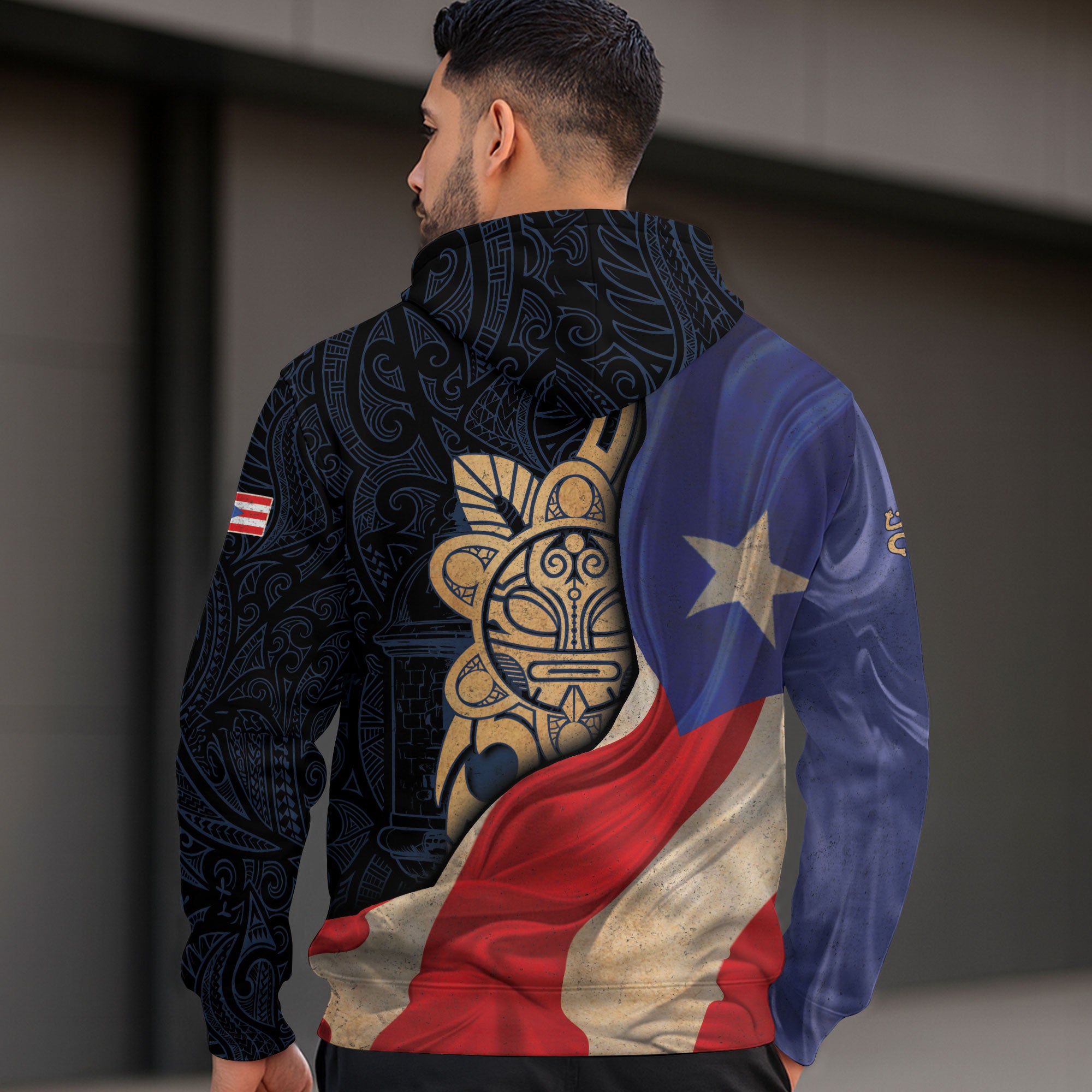 Puerto Rico Flag Boricua Coqui Frog Hibiscus Flower Taino Tribal Black Gold Hoodie