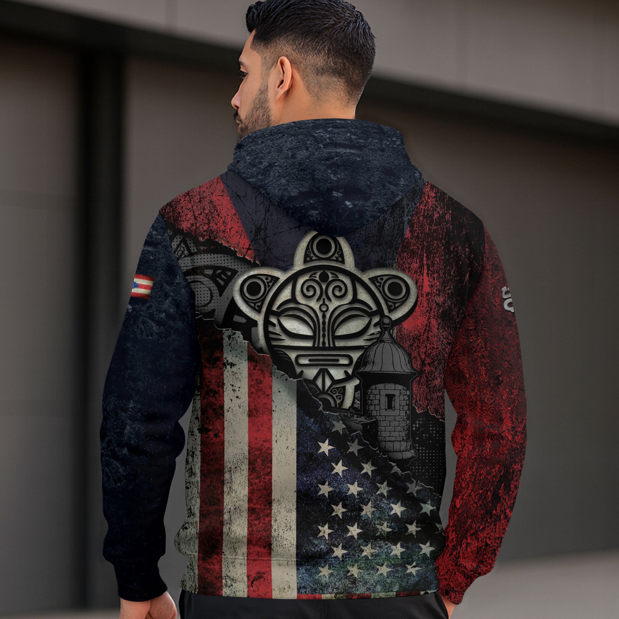 Puerto Rico USA Flag Boricua Taino Tribal Patriotic National Blue White Red Hoodie