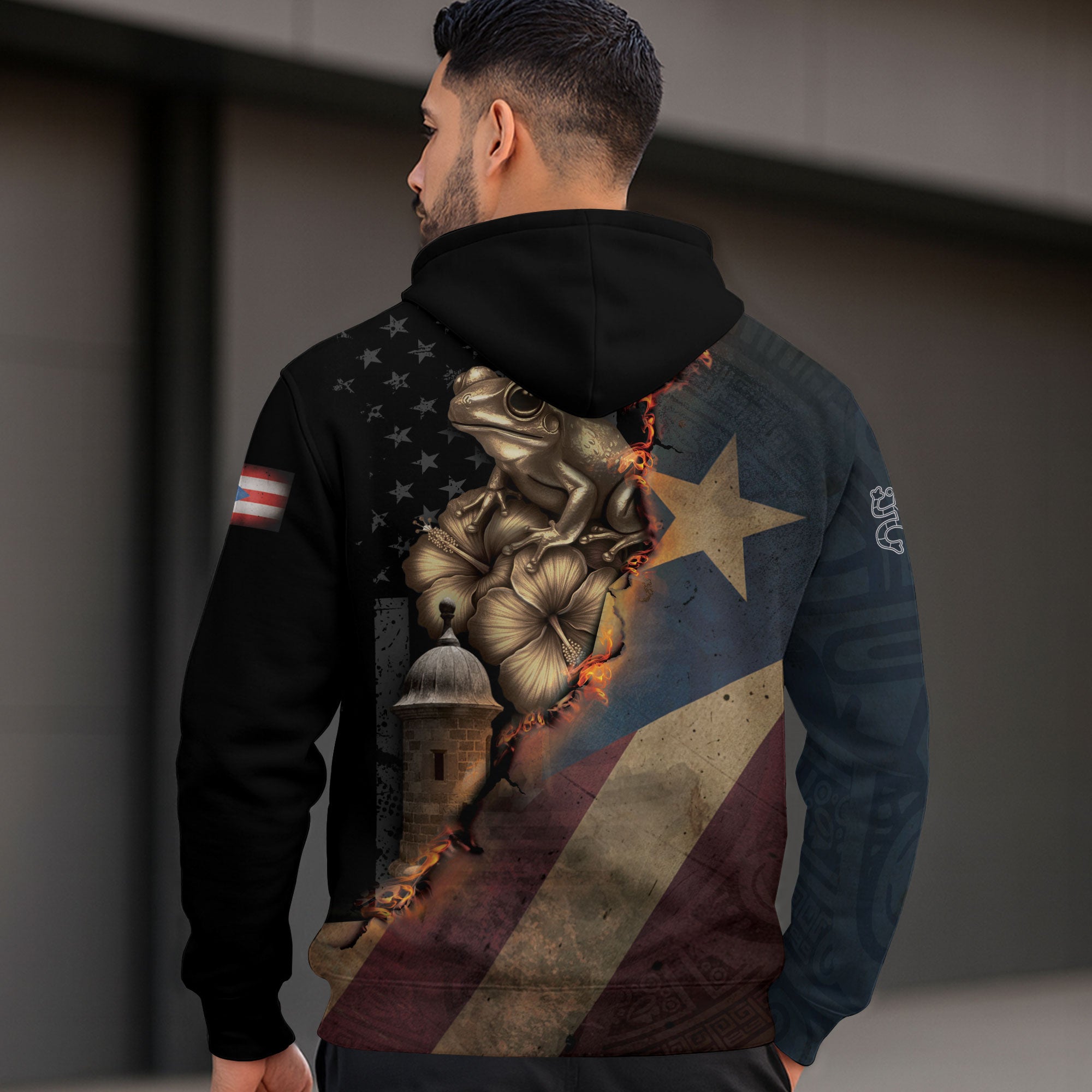 Puerto Rico Flag Boricua Coqui Frog El Morro Taino Tribal Black Gold Heritage Hoodie