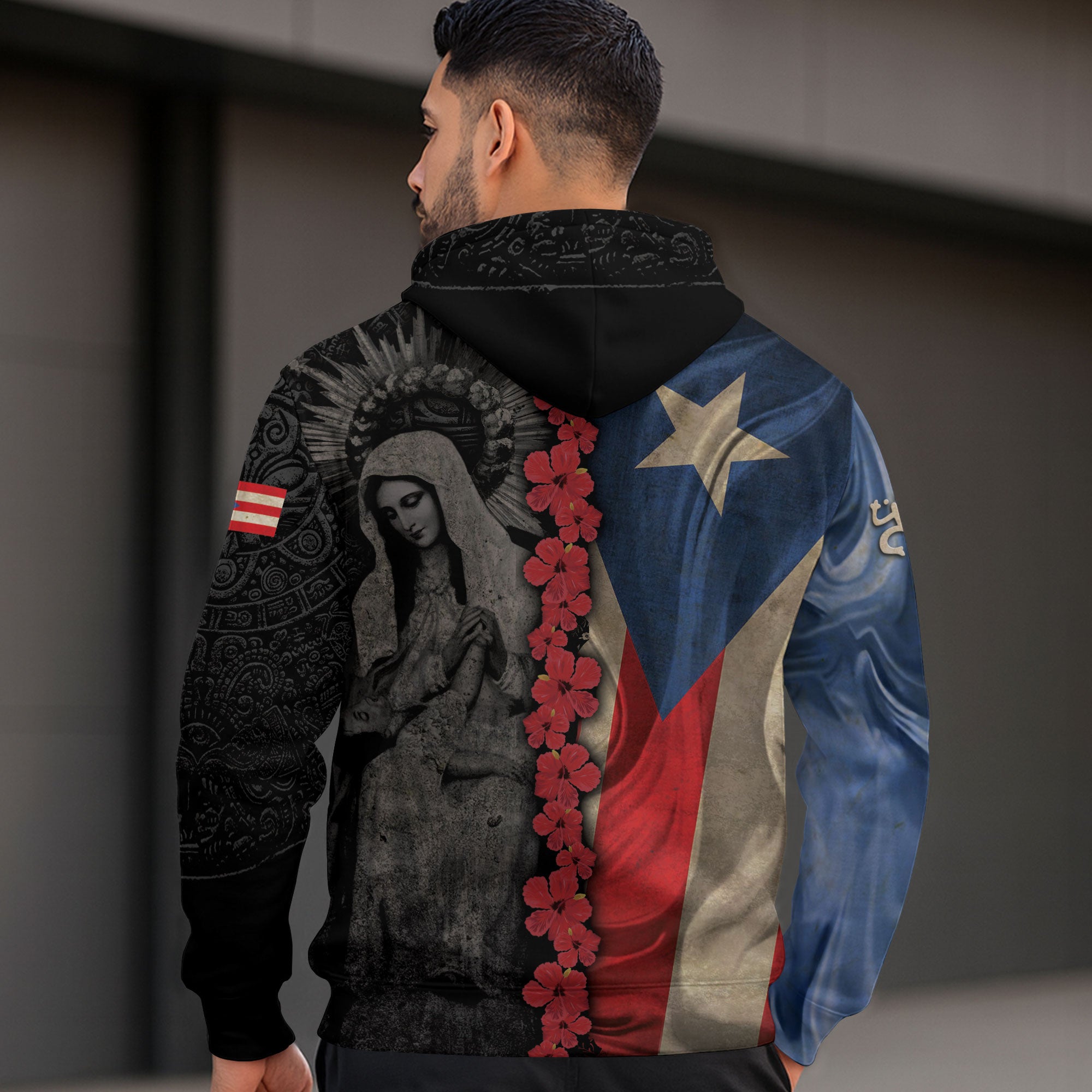 Puerto Rico Flag Boricua Virgin Mary Blessed Mother Taino Black Gold Hoodie