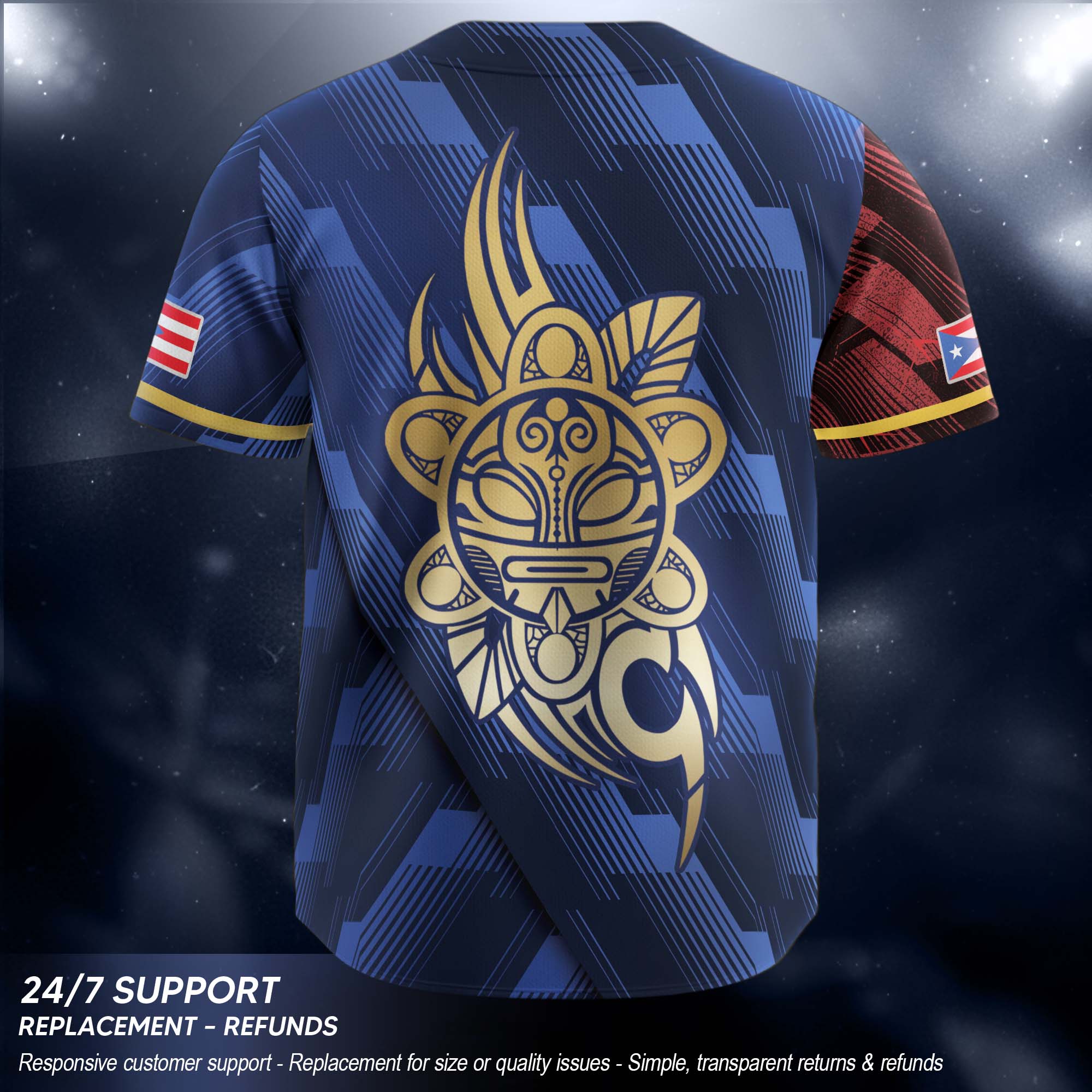 Puerto Rico Boricua Navy Blue Gold Tribal Sun National Heritage Baseball Jersey