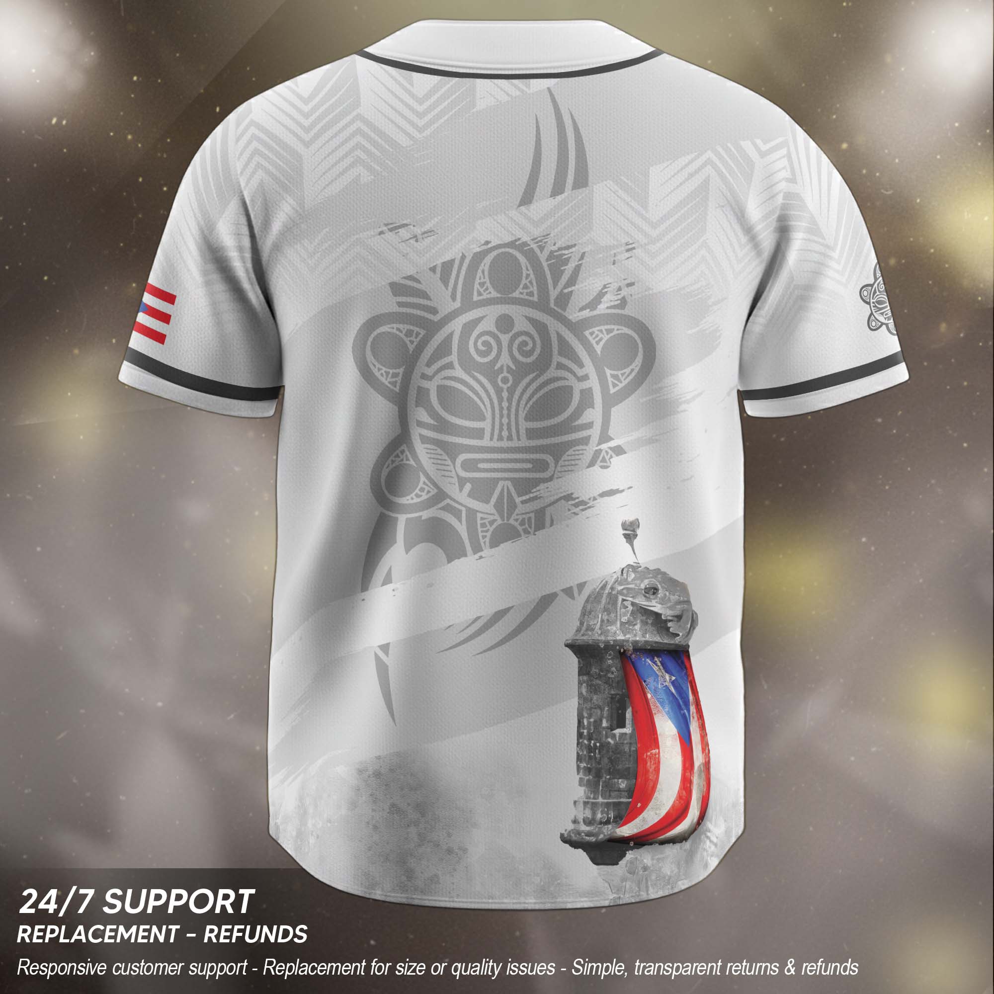 Puerto Rico Boricua White Gray Fortress Hibiscus Tribal Graphic Baseball Jersey