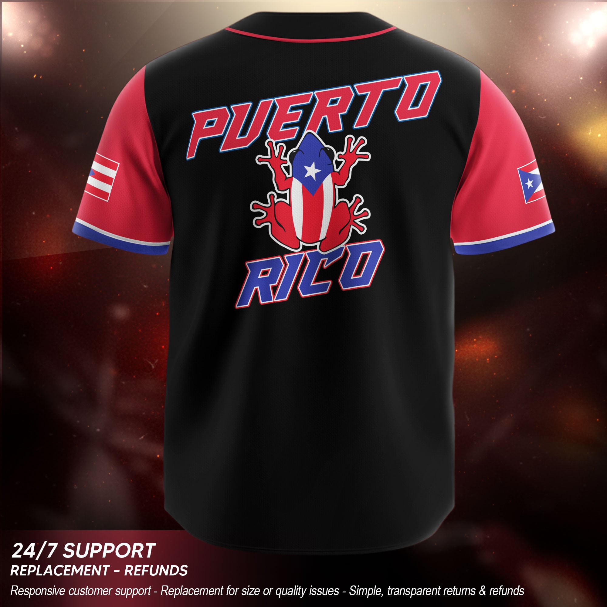 Puerto Rico Boricua Black Red Torn Flag Coqui Frog Heritage Baseball Jersey