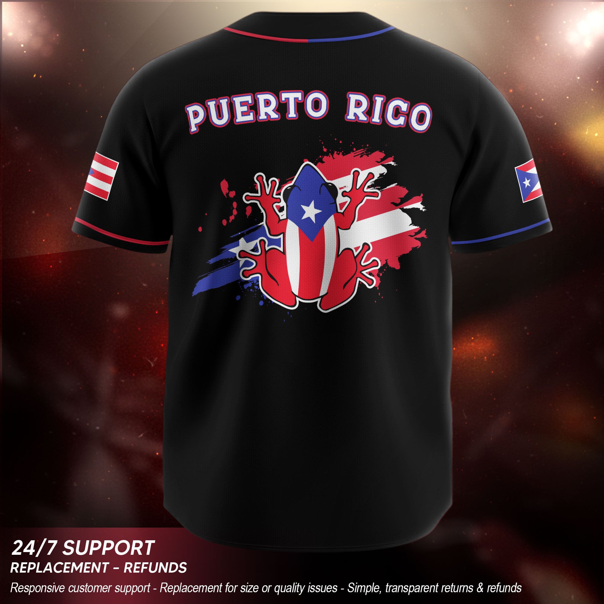 Puerto Rico Boricua Black Blue Red Splatter Coqui Frog Heritage Baseball Jersey