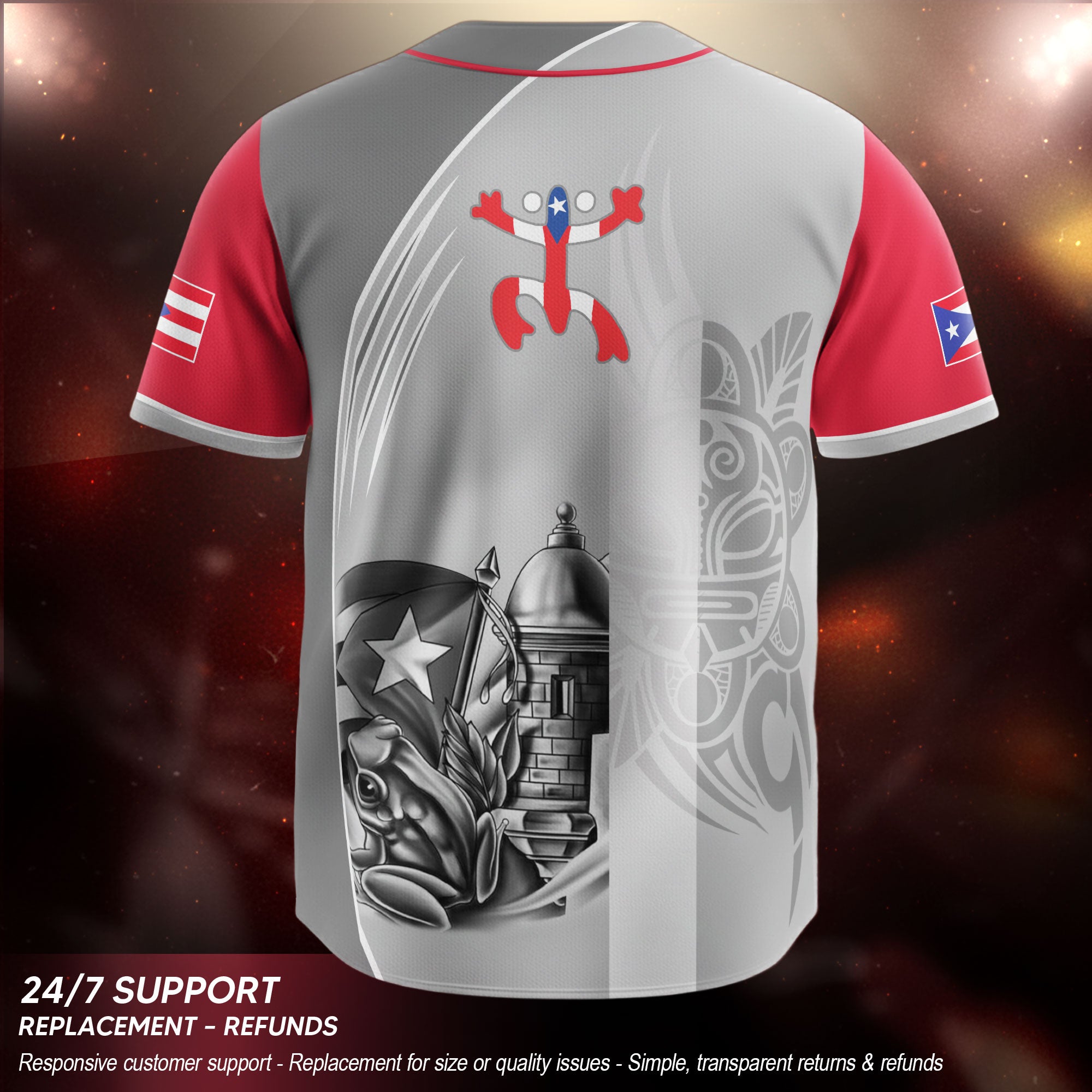 Puerto Rico Boricua Gray Red Fortress Coqui Frog Taino Heritage Baseball Jersey